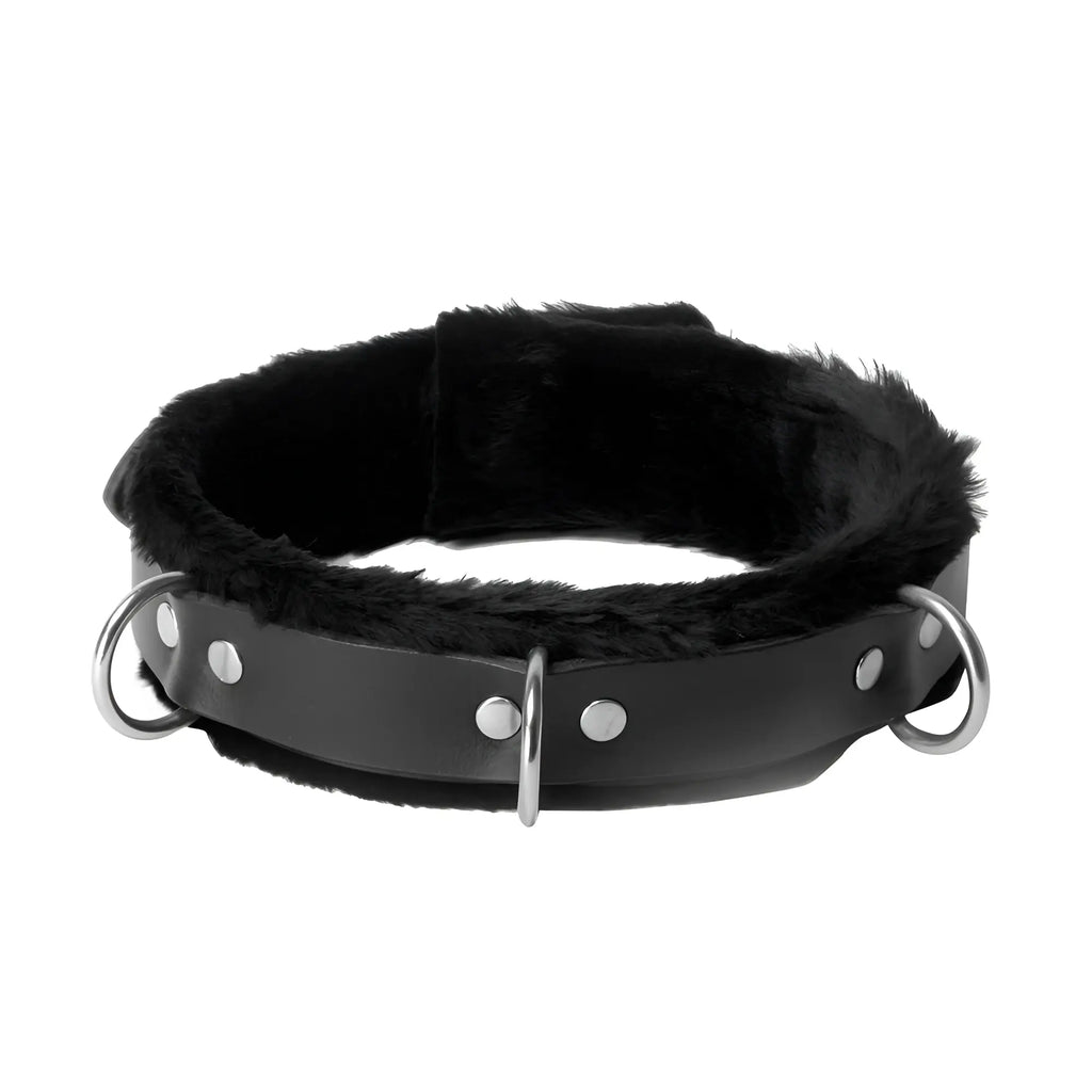 Strict Leather low-rise black leather collar with soft black faux fur lining and three silver-tone metal D-rings.