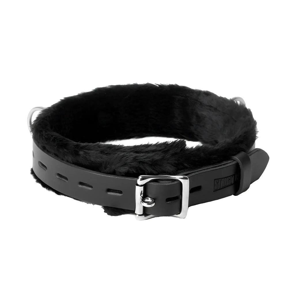 Strict Leather Low Rise locking collar made of black leather with a soft black faux fur lining and silver buckle.