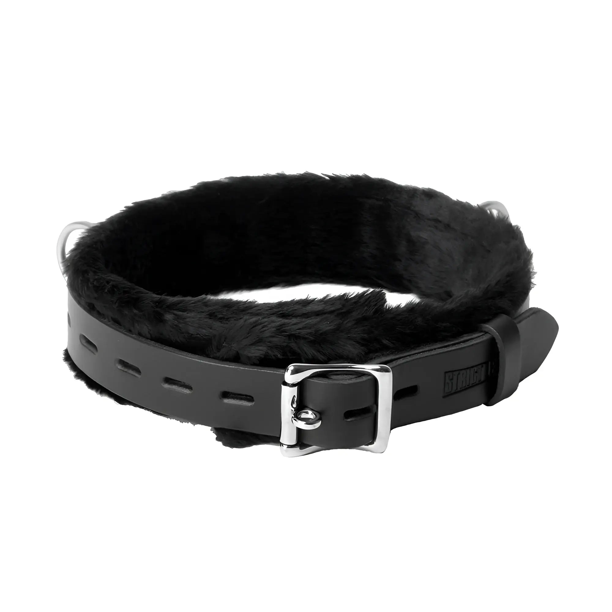 Strict Leather Low Rise locking collar made of black leather with a soft black faux fur lining and silver buckle.