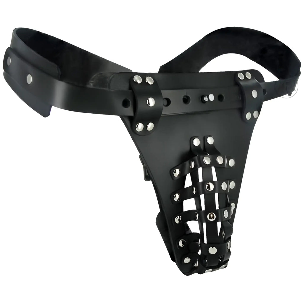Strict Leather black leather male chastity belt and anal plug harness with silver-tone metal studs and adjustable straps.