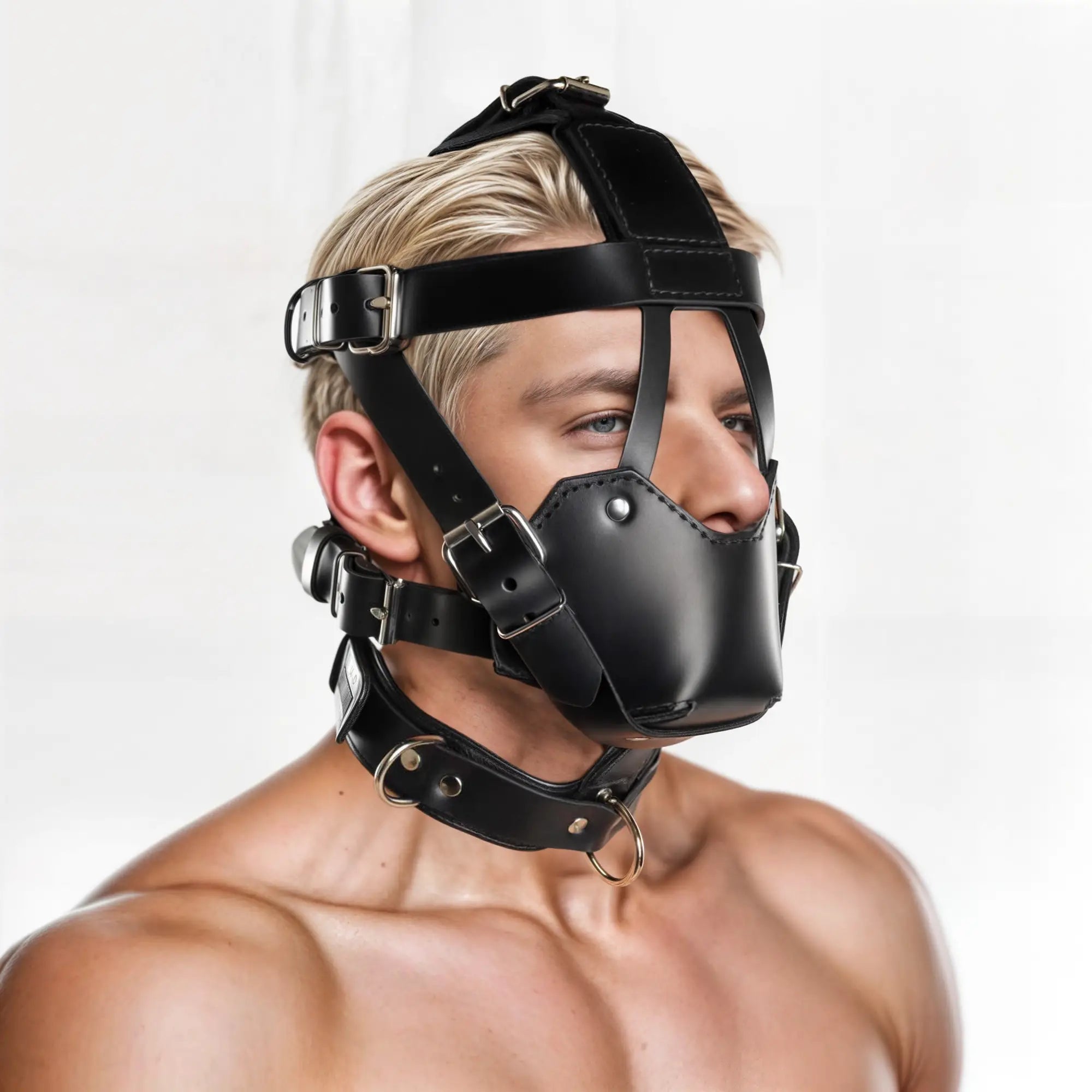 Strict Leather muzzle in black leather with adjustable straps, buckles, and a matching collar on a person.