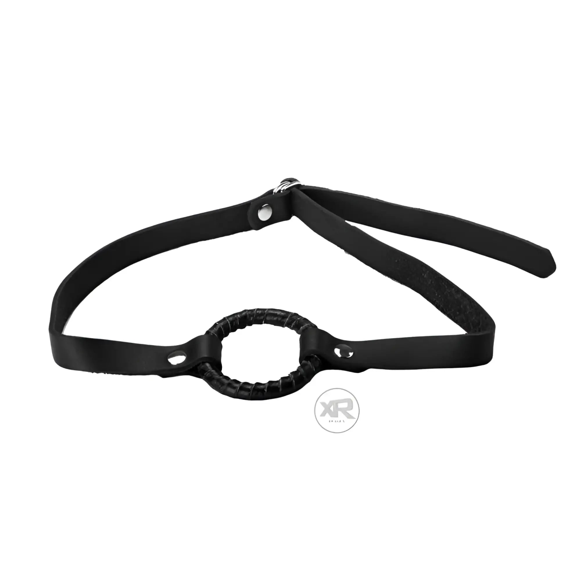 Strict Leather O-Ring Gag: a black leather head harness featuring a leather-wrapped central O-ring and silver buckles.
