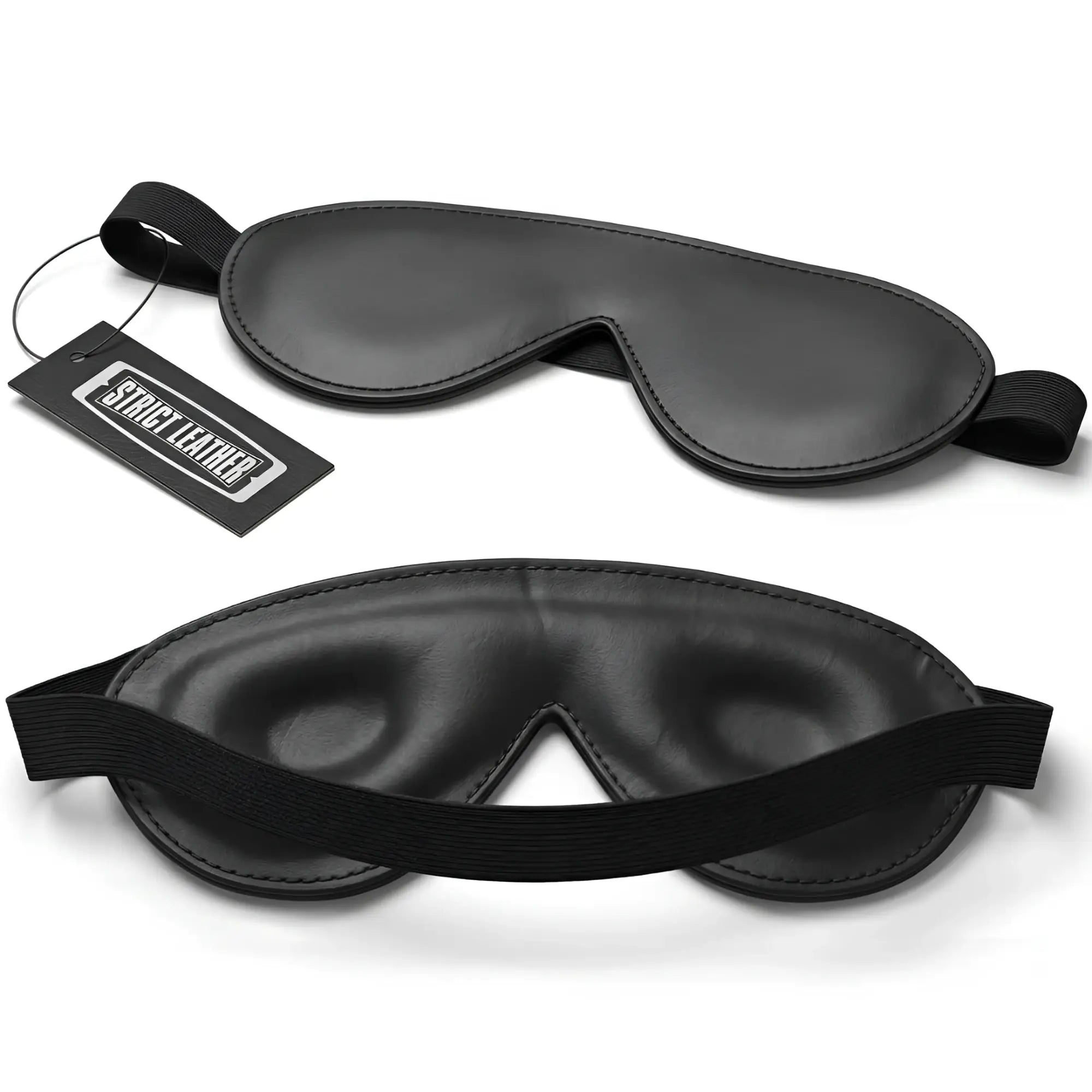 Strict Leather Padded Blindfold: Two black leather, contoured sleep masks with elastic headbands and a branded tag.