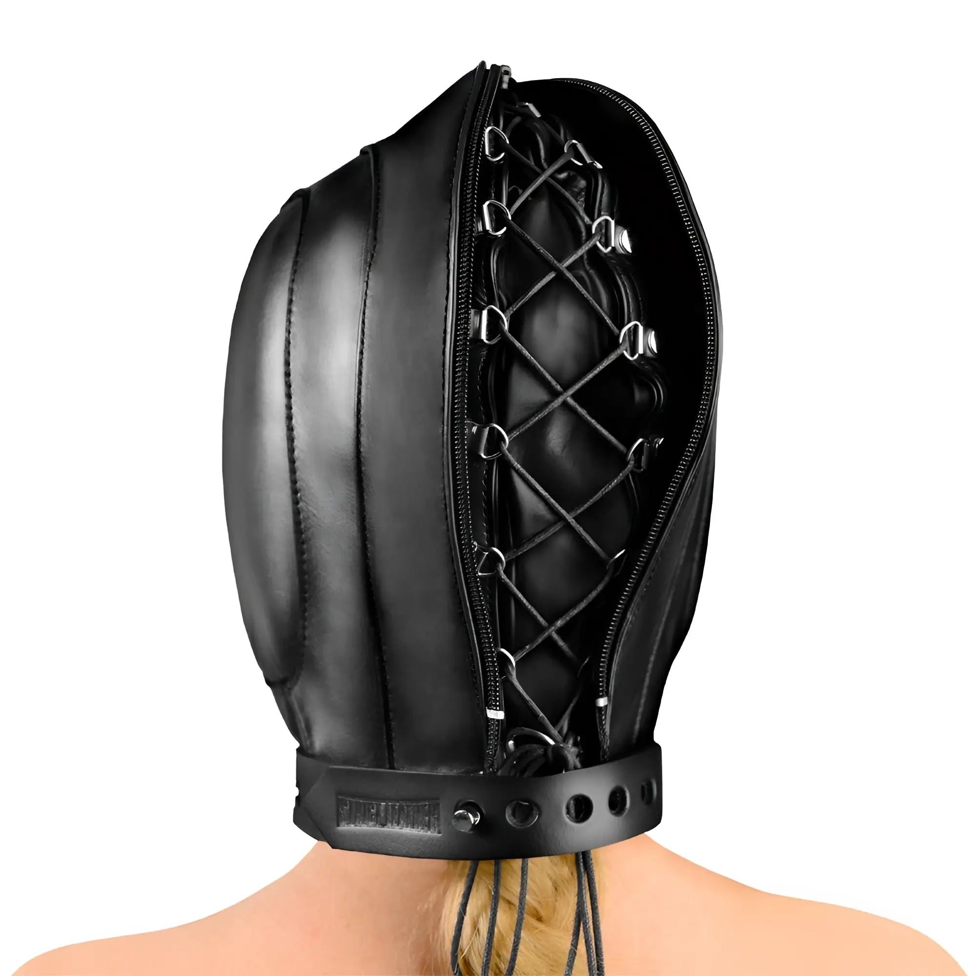 Strict Leather padded black leather hood featuring a zippered, lace-up back design and a buckled neck strap.