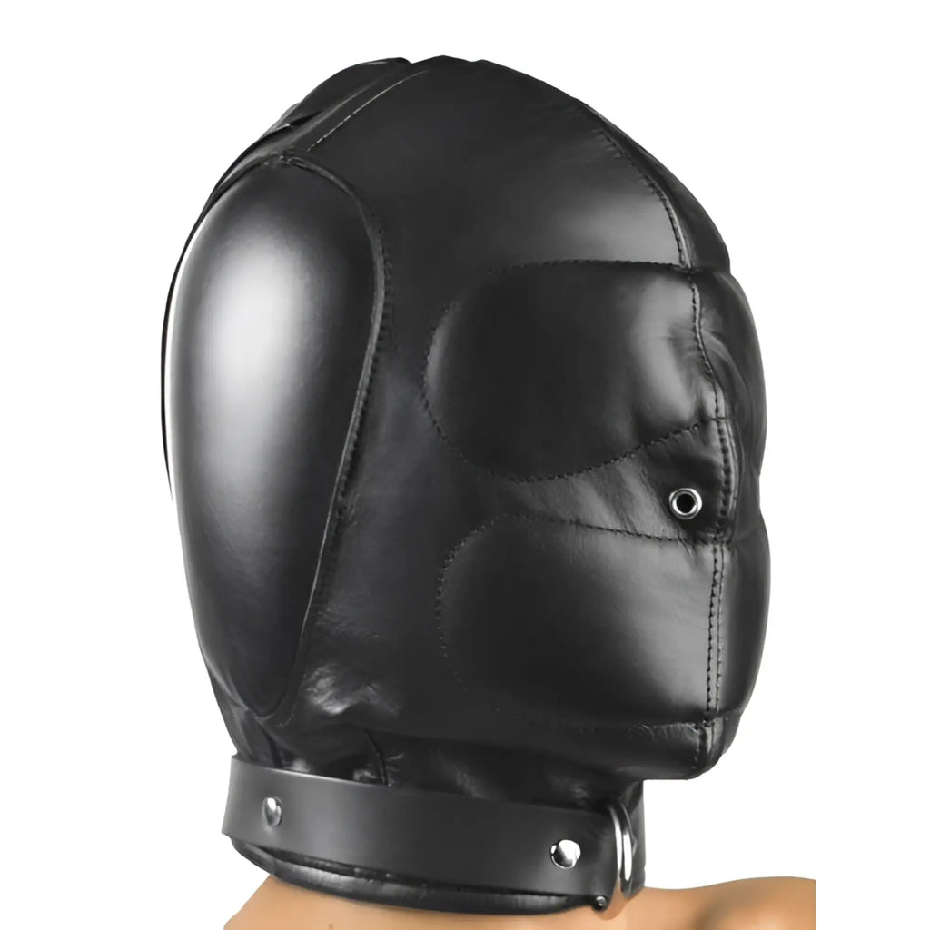 Strict Leather Padded Leather Hood in black, featuring quilted padding, side eyelet detail, and a buckled collar strap.