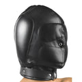 Strict Leather Padded Leather Hood in black, featuring quilted padding, side eyelet detail, and a buckled collar strap.