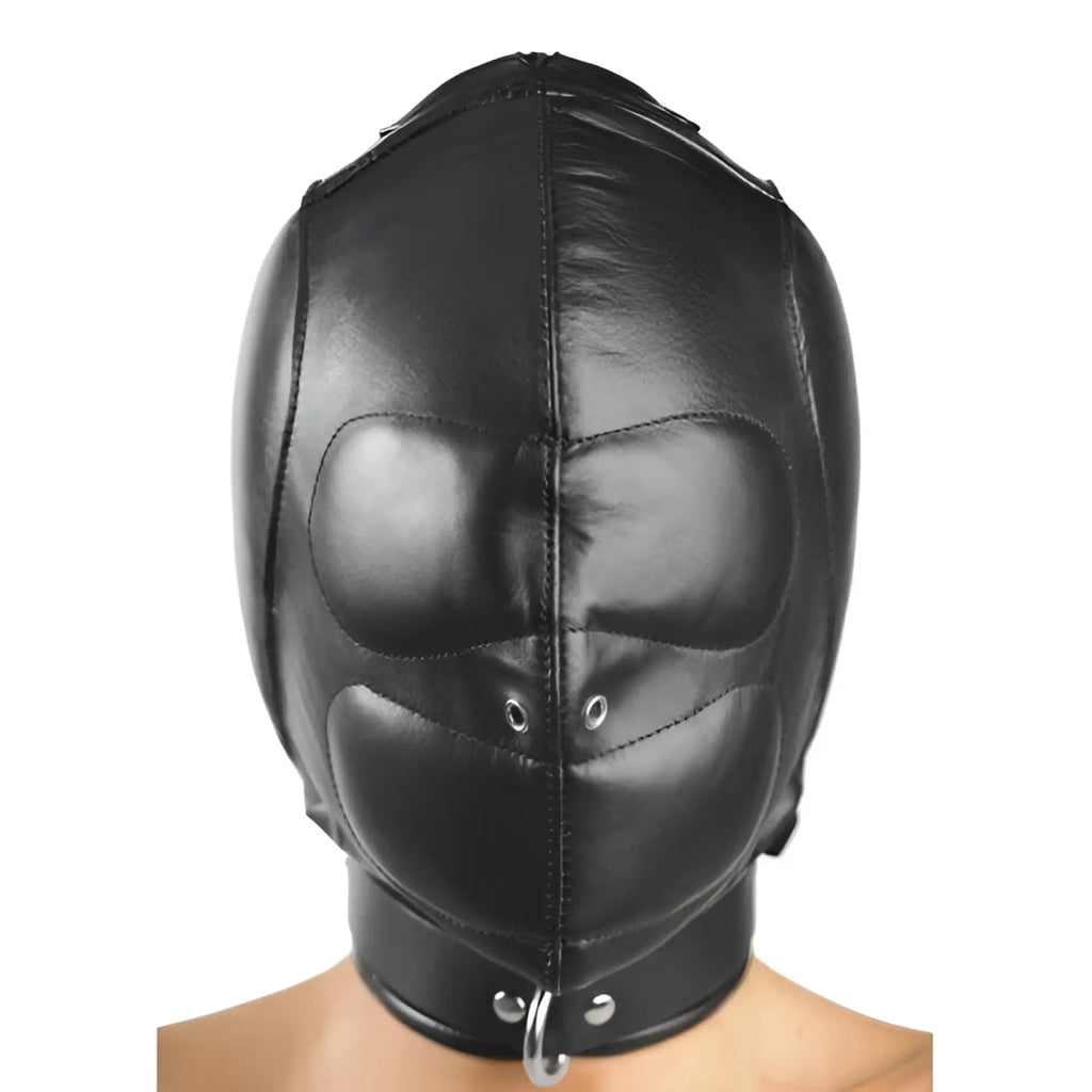 Strict Leather Padded Leather Hood in black, featuring stitched padding and a silver ring collar on an isolated background.