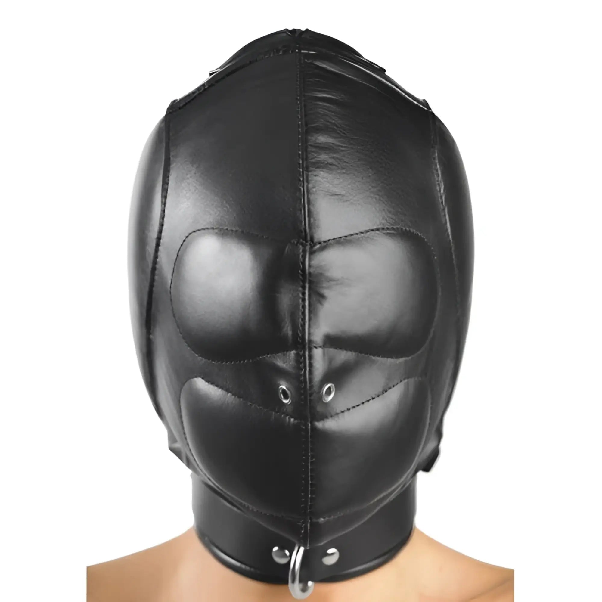 Strict Leather Padded Leather Hood in black, featuring stitched padding and a silver ring collar on an isolated background.