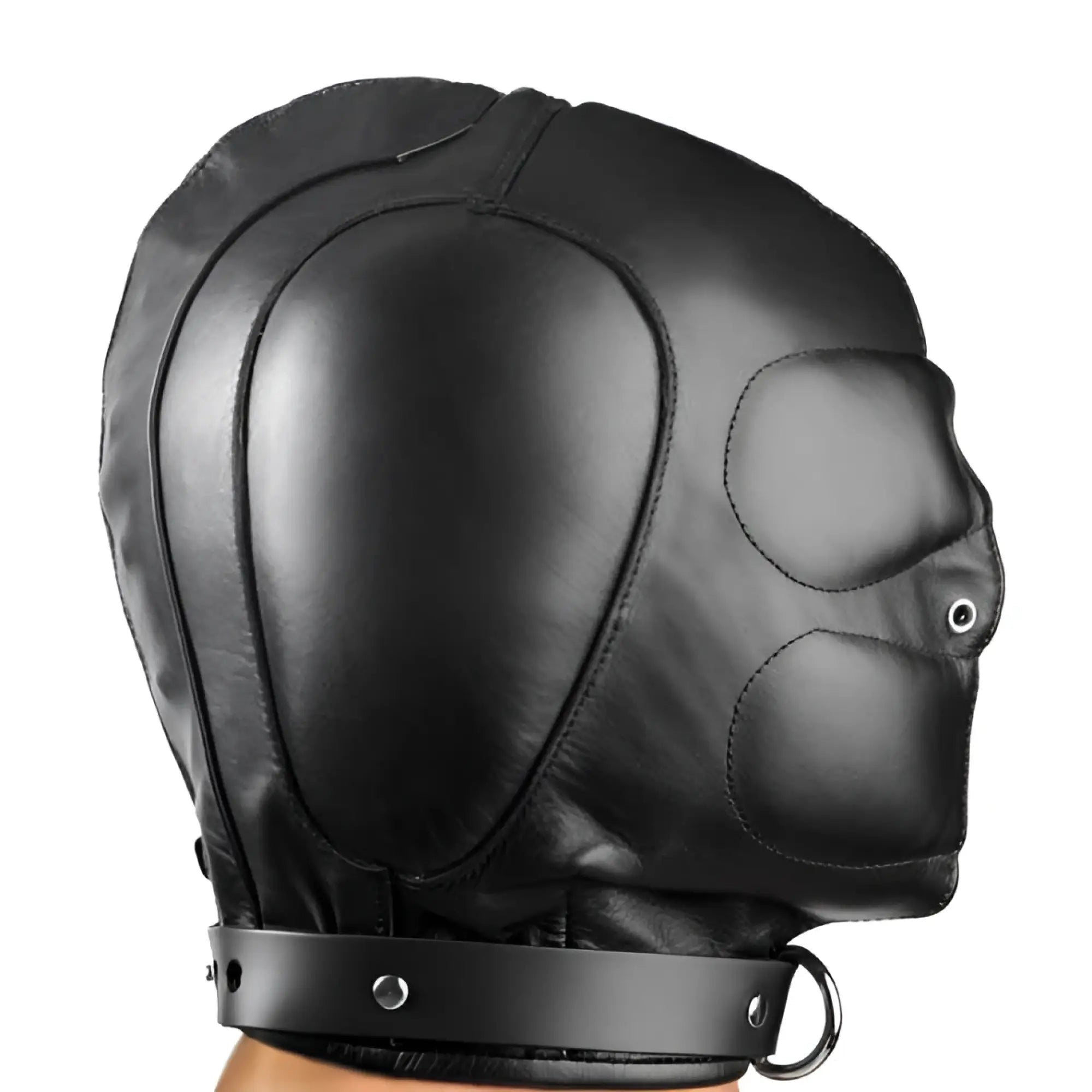 Strict Leather Padded Leather Hood in black, featuring a full-coverage design, stitched panels, and a buckled neck strap.