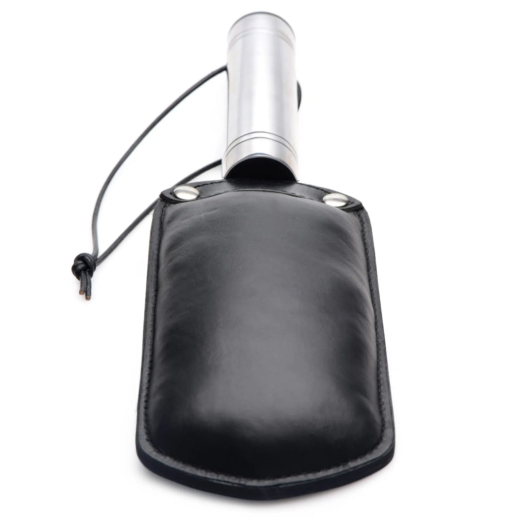 Strict Leather Padded Paddle featuring a black leather head with silver rivets and a cylindrical silver handle.