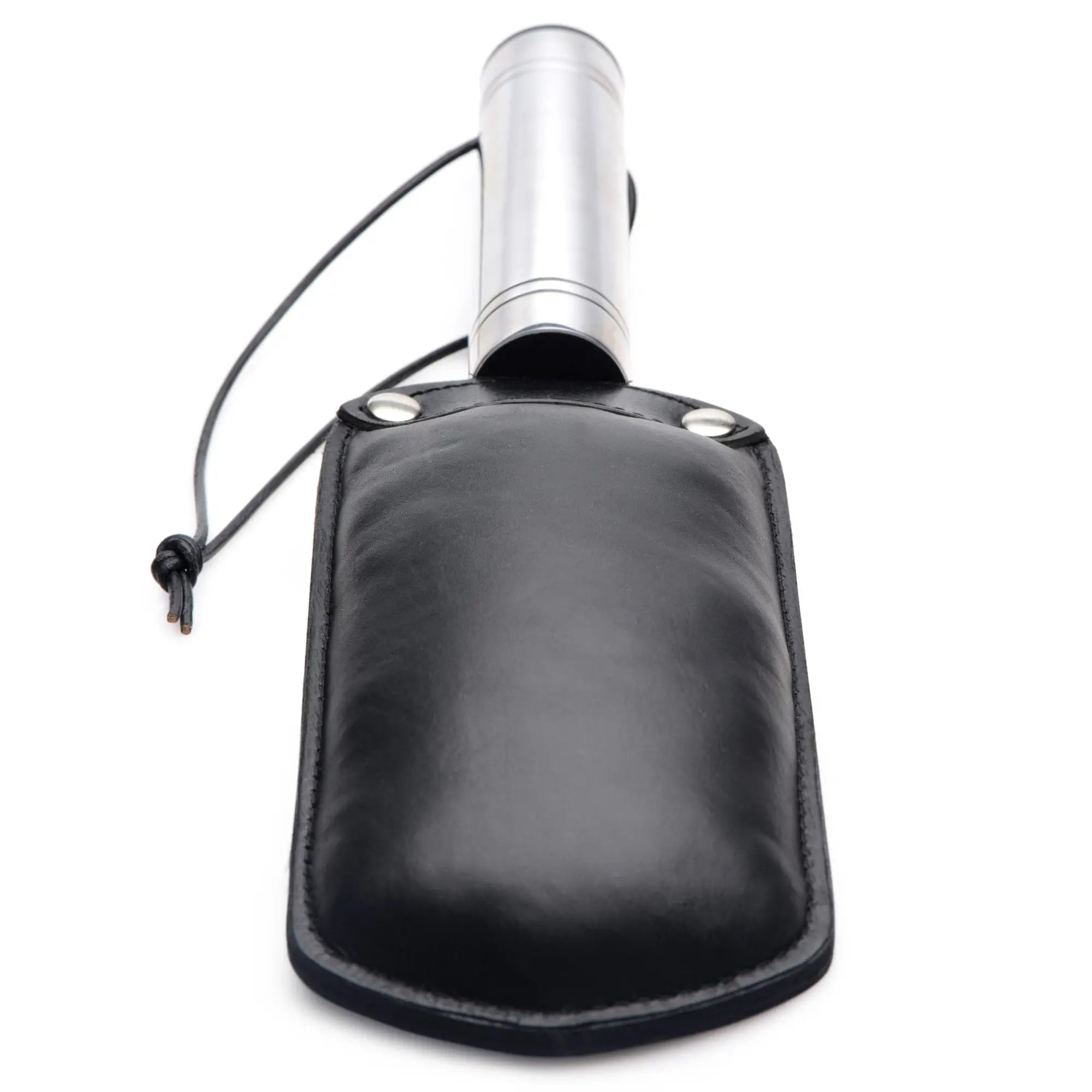Strict Leather Padded Paddle featuring a black leather head with silver rivets and a cylindrical silver handle.