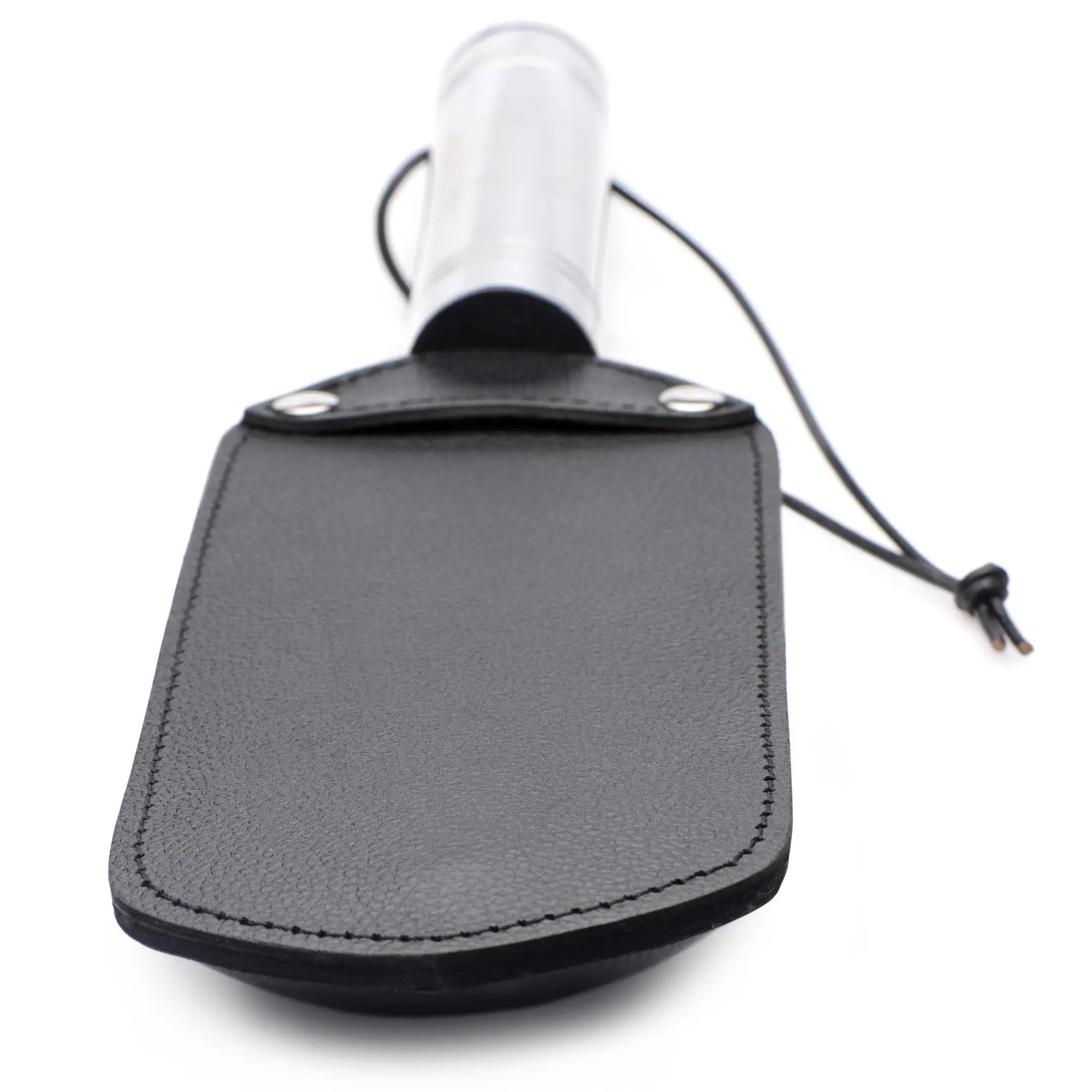 Strict Leather Padded Paddle in black leather with a silver handle and a thin black hanging cord, on a white background.