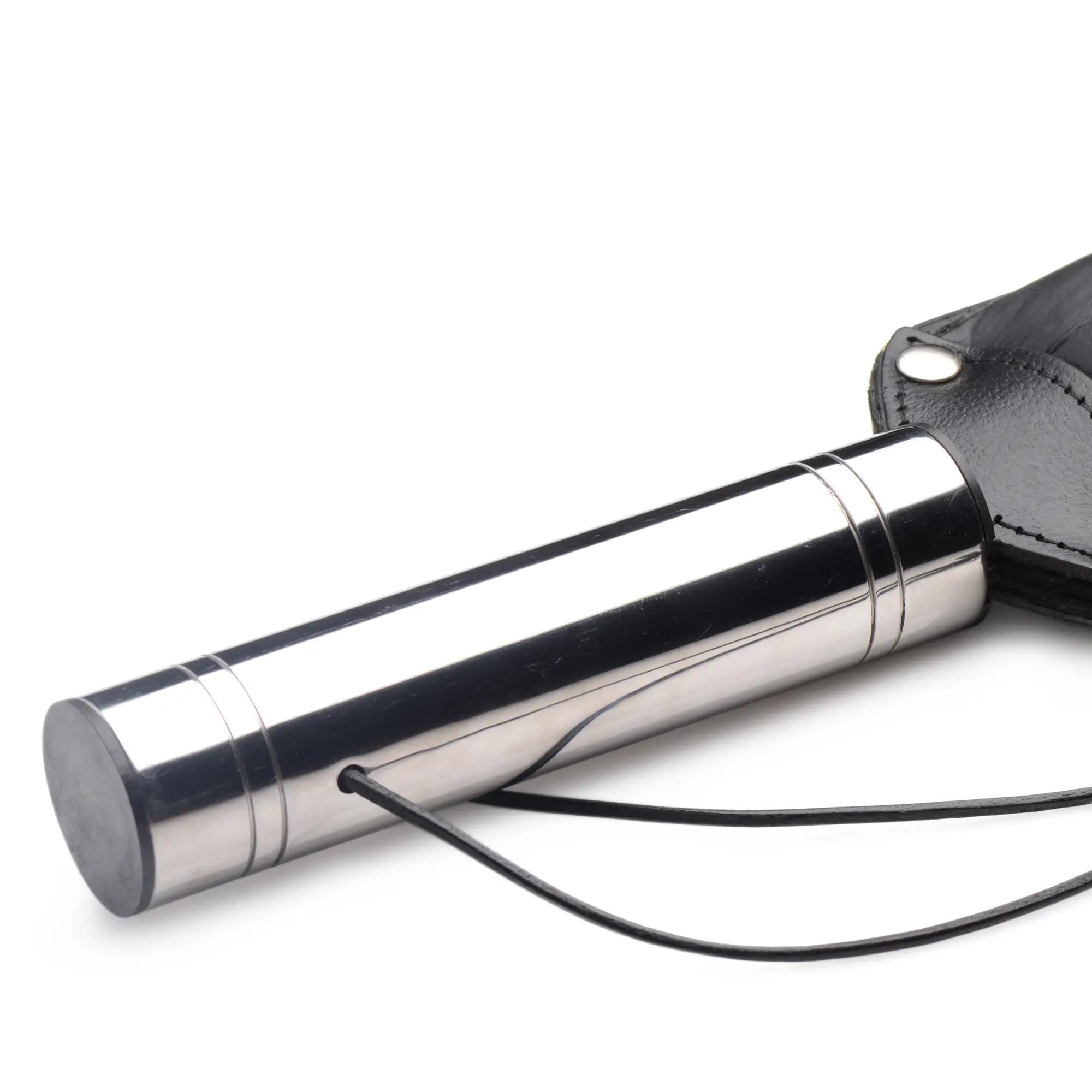 Strict Leather Padded Paddle featuring a polished silver metal handle and black leather paddle with a wrist strap.