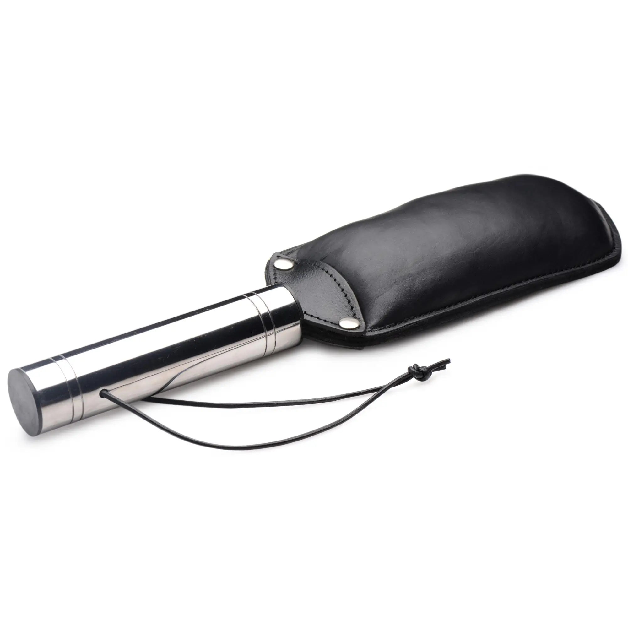 Strict Leather padded paddle with a smooth, black leather head and a polished stainless steel handle with a wrist strap.