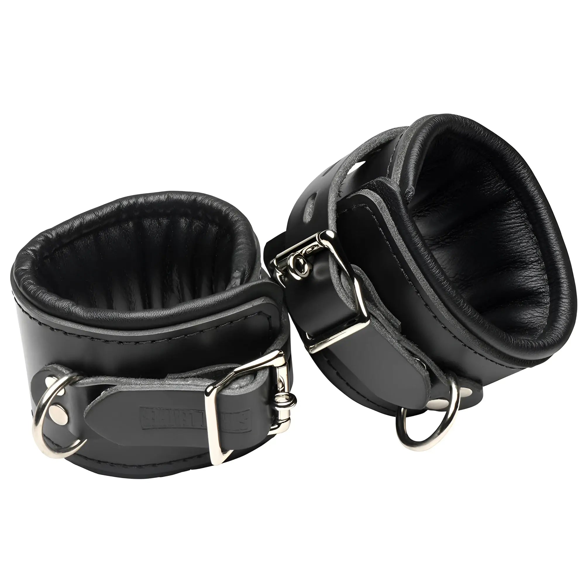 Strict Leather Padded Premium Locking Restraints: Two black leather wrist cuffs with silver buckles and D-rings.