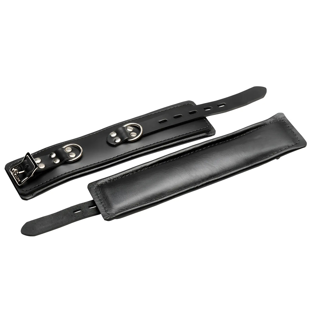 Strict Leather Padded Premium Locking Restraints: two black leather cuffs with silver buckles and D-rings.