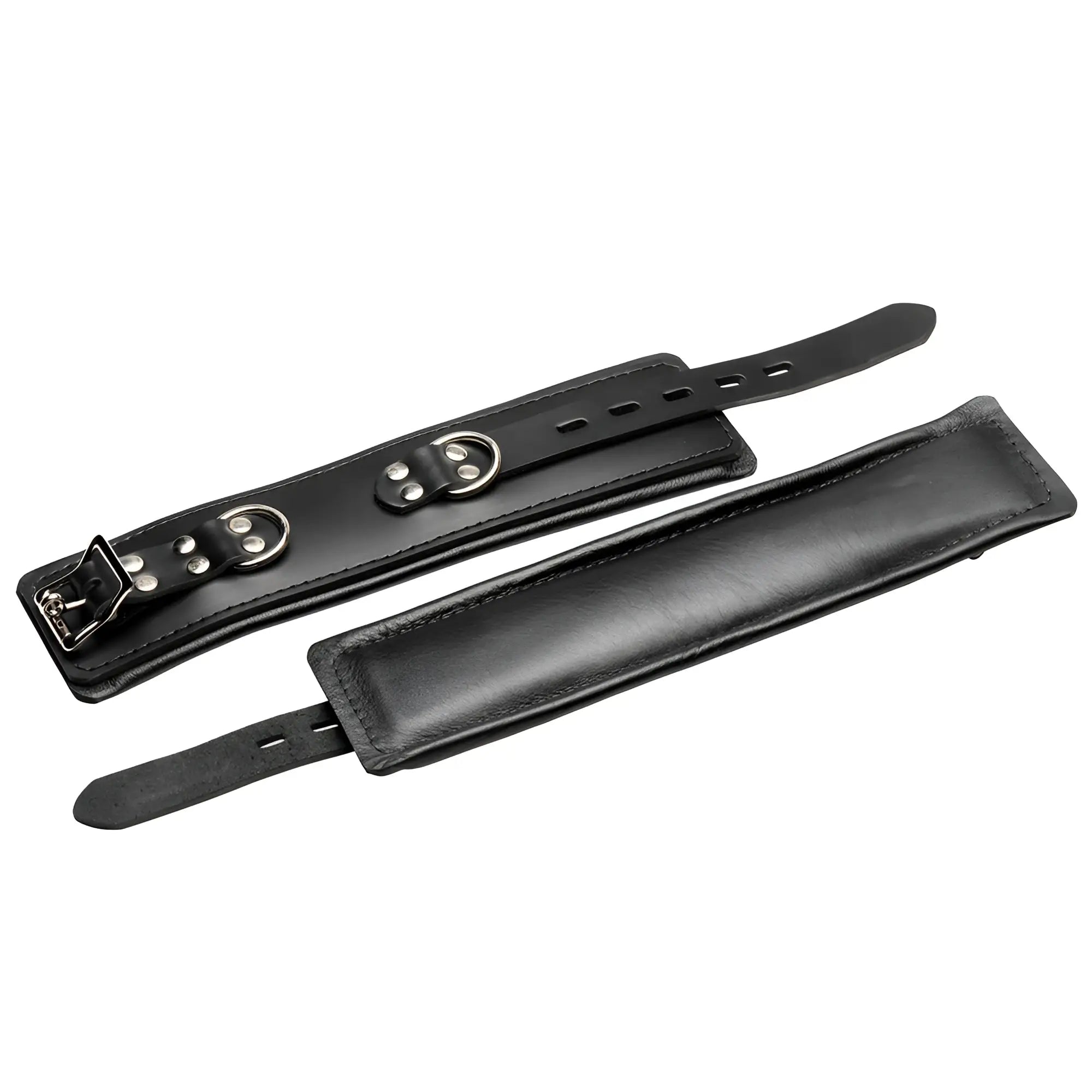Strict Leather Padded Premium Locking Restraints: two black leather cuffs with silver buckles and D-rings.