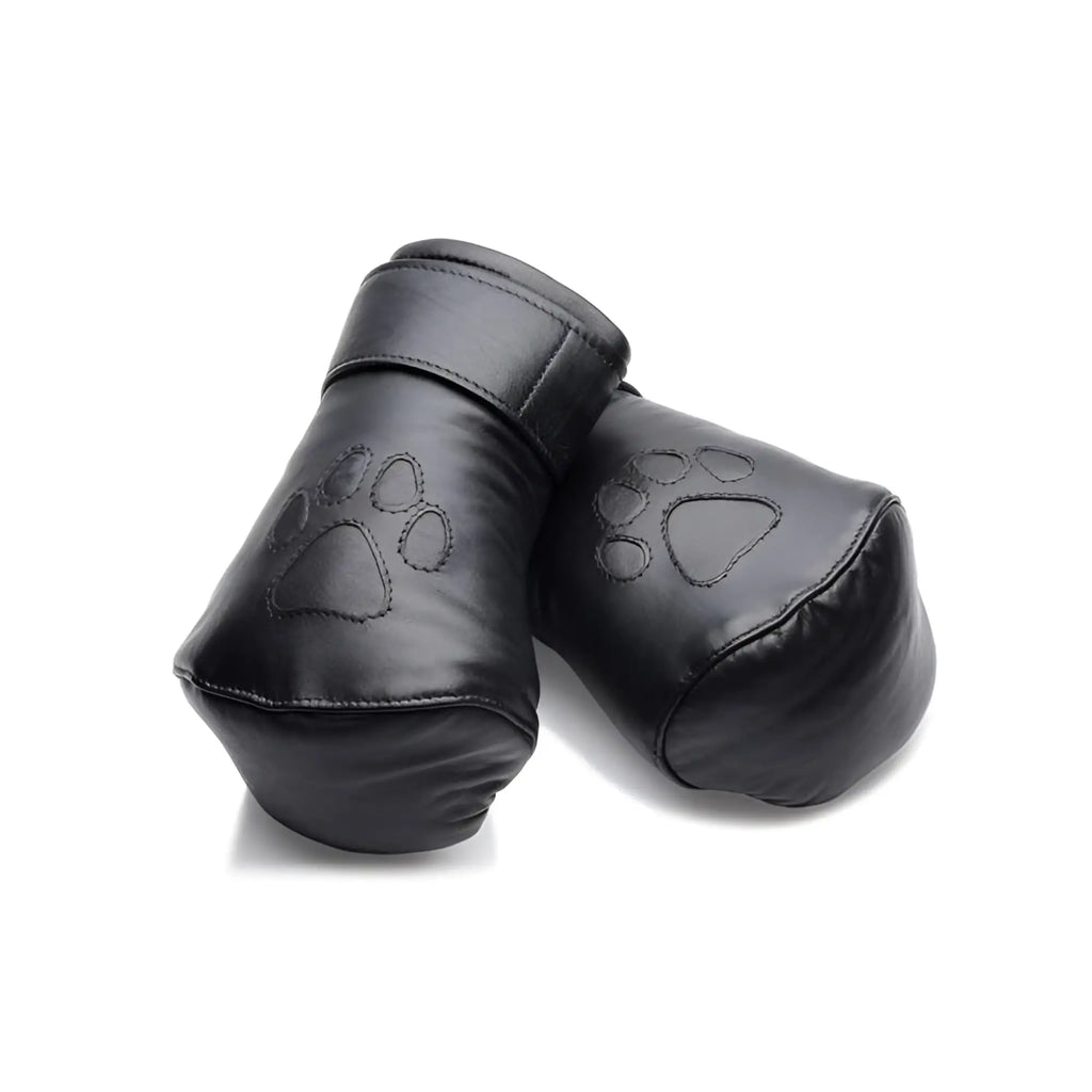 Strict Leather Padded Puppy Mitts: a pair of black, smooth leather mittens with a debossed paw print design.