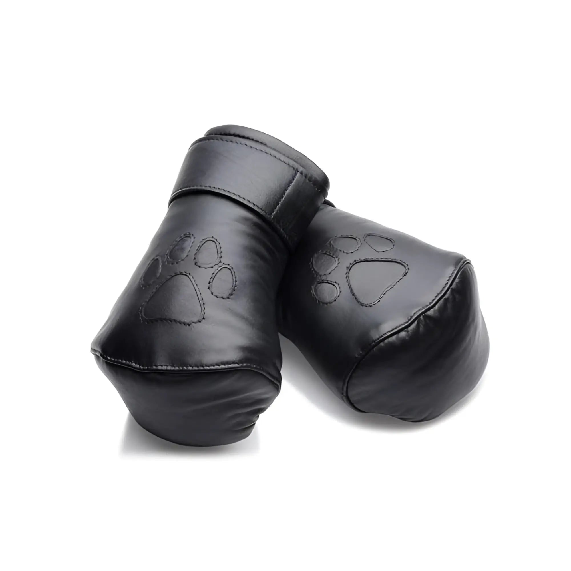 Strict Leather Padded Puppy Mitts: a pair of black, smooth leather mittens with a debossed paw print design.