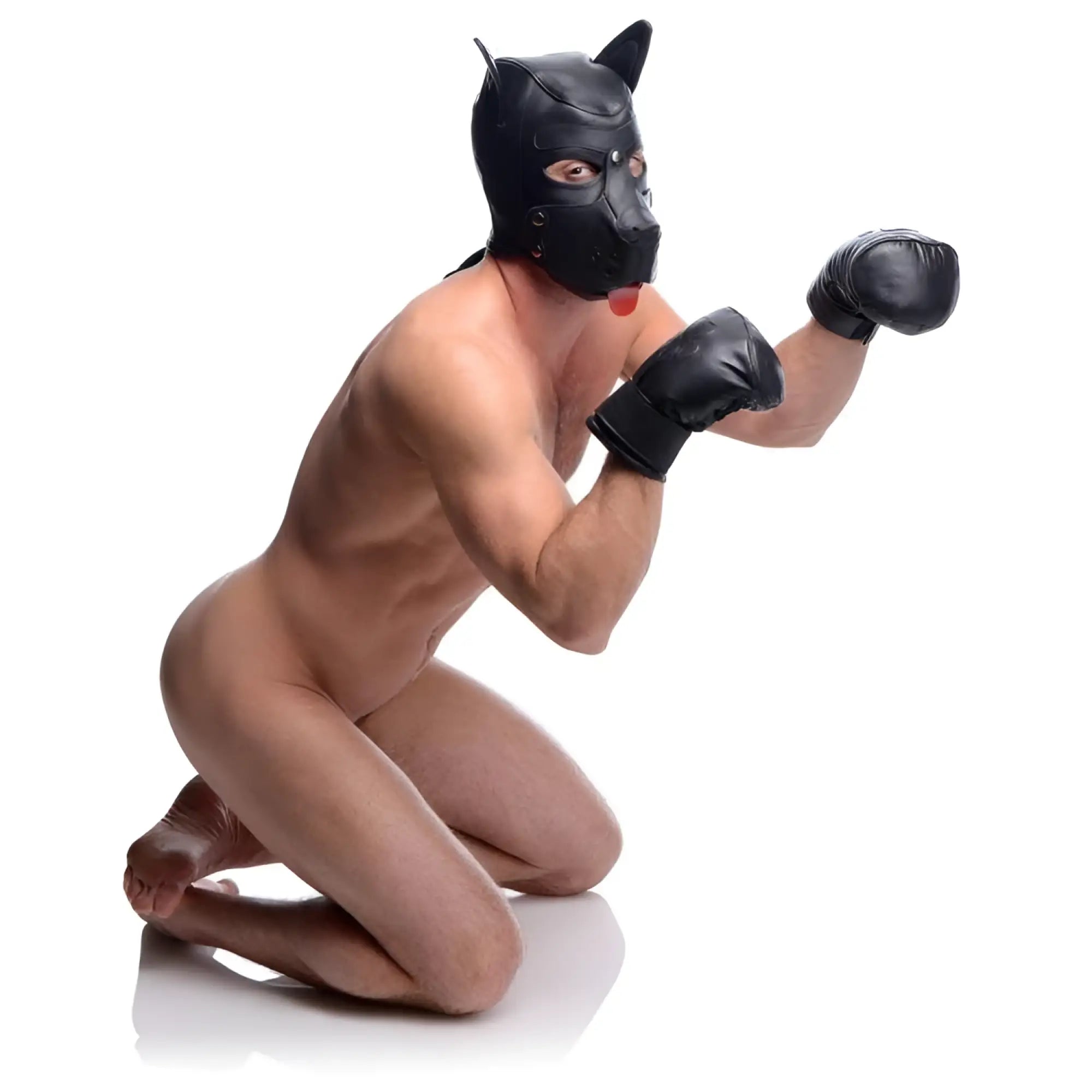 Strict Leather Padded Puppy Mitts: A shirtless man kneeling in a black puppy hood wears black padded leather mitts.