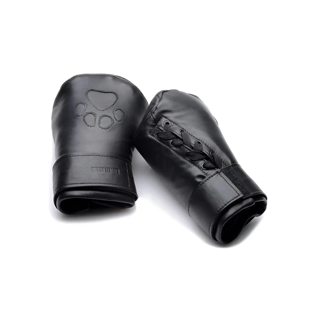 Black leather Strict Leather padded puppy mitts with an embossed paw print and side lace-up detail.