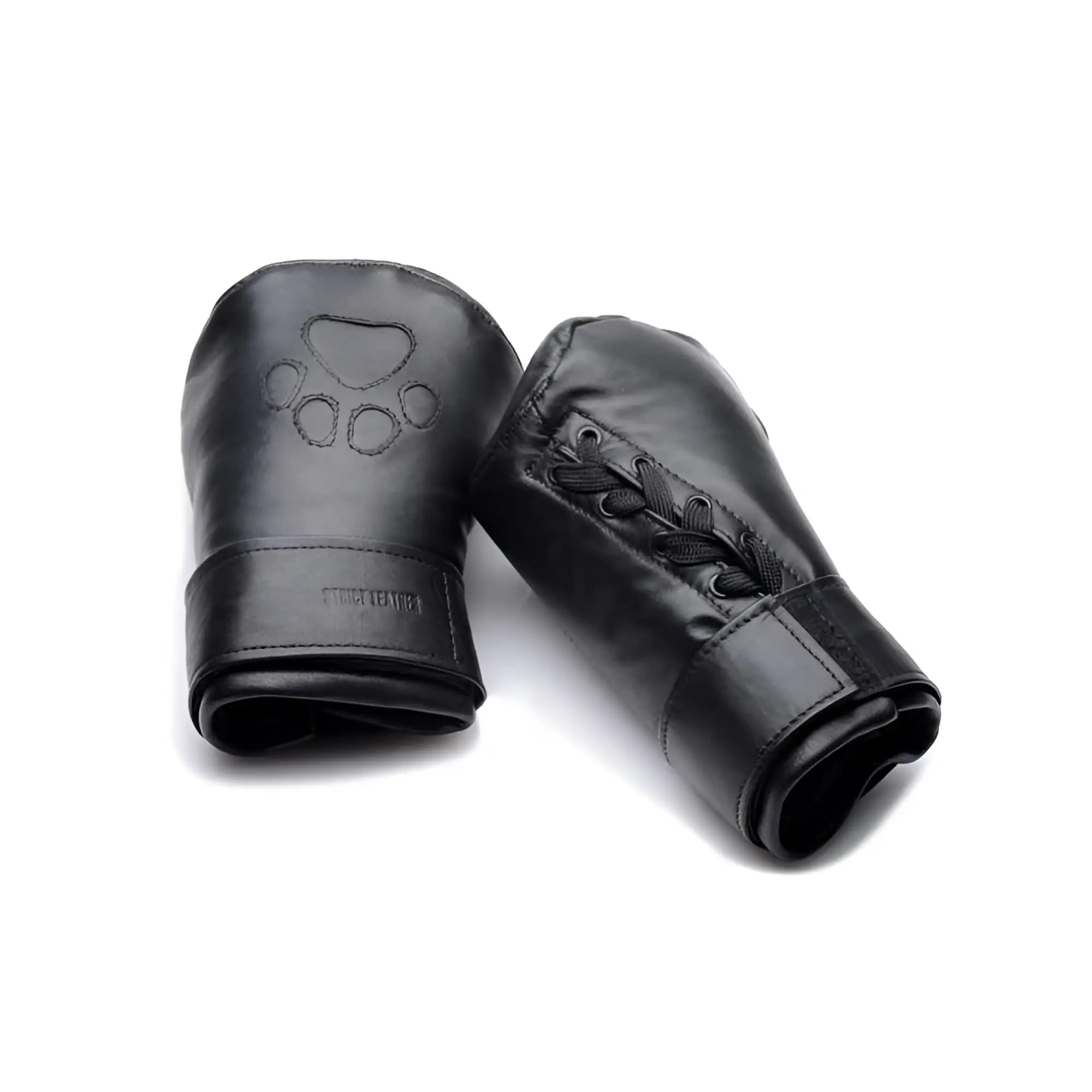 Black leather Strict Leather padded puppy mitts with an embossed paw print and side lace-up detail.