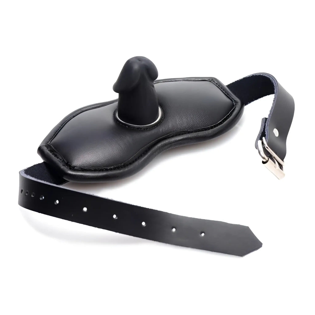 Strict Leather black padded mouth gag with an adjustable leather strap and a phallic-shaped silicone insert.