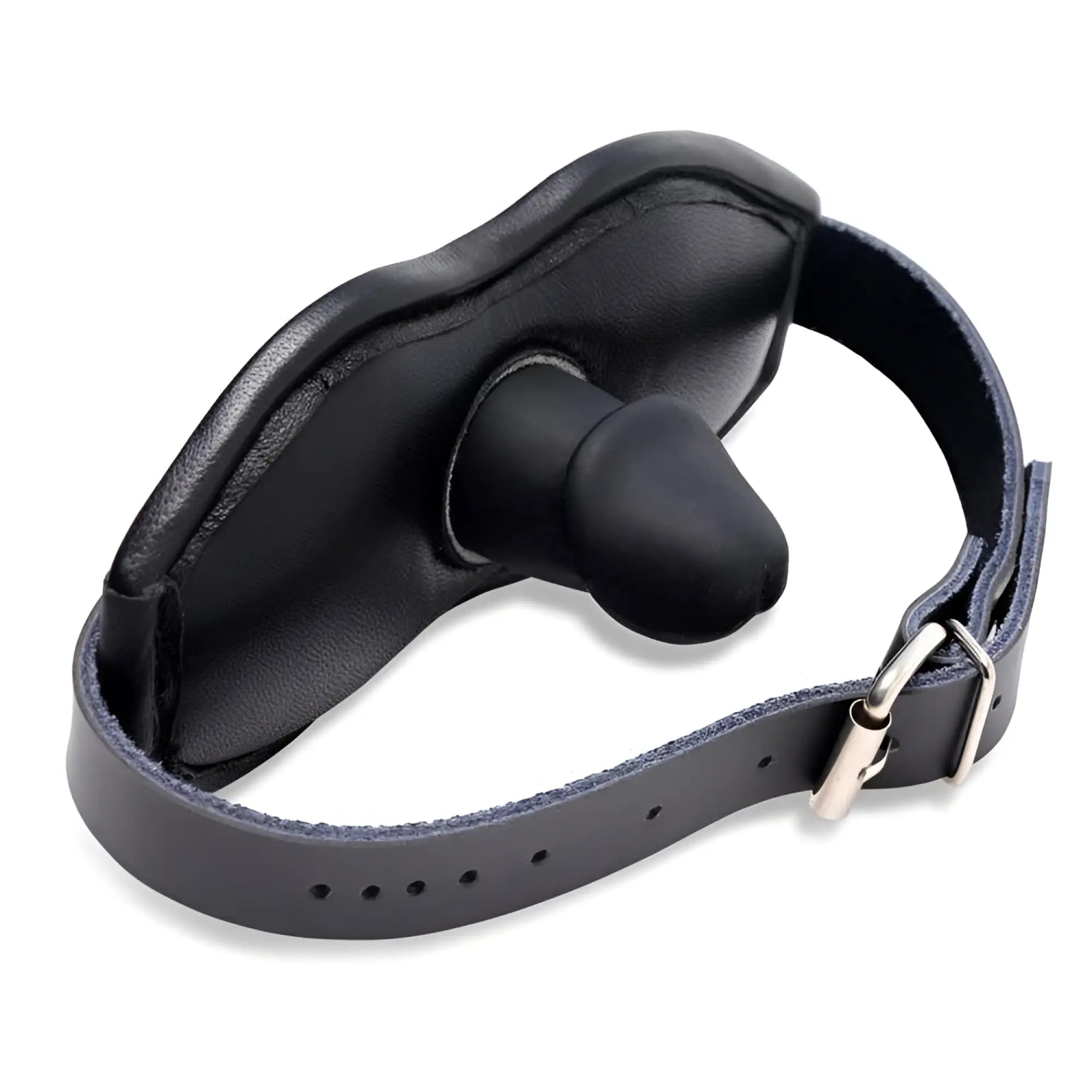 Strict Leather Padded Silicone Penis Mouth Gag: Black leather chin strap with a phallic silicone plug and buckle.