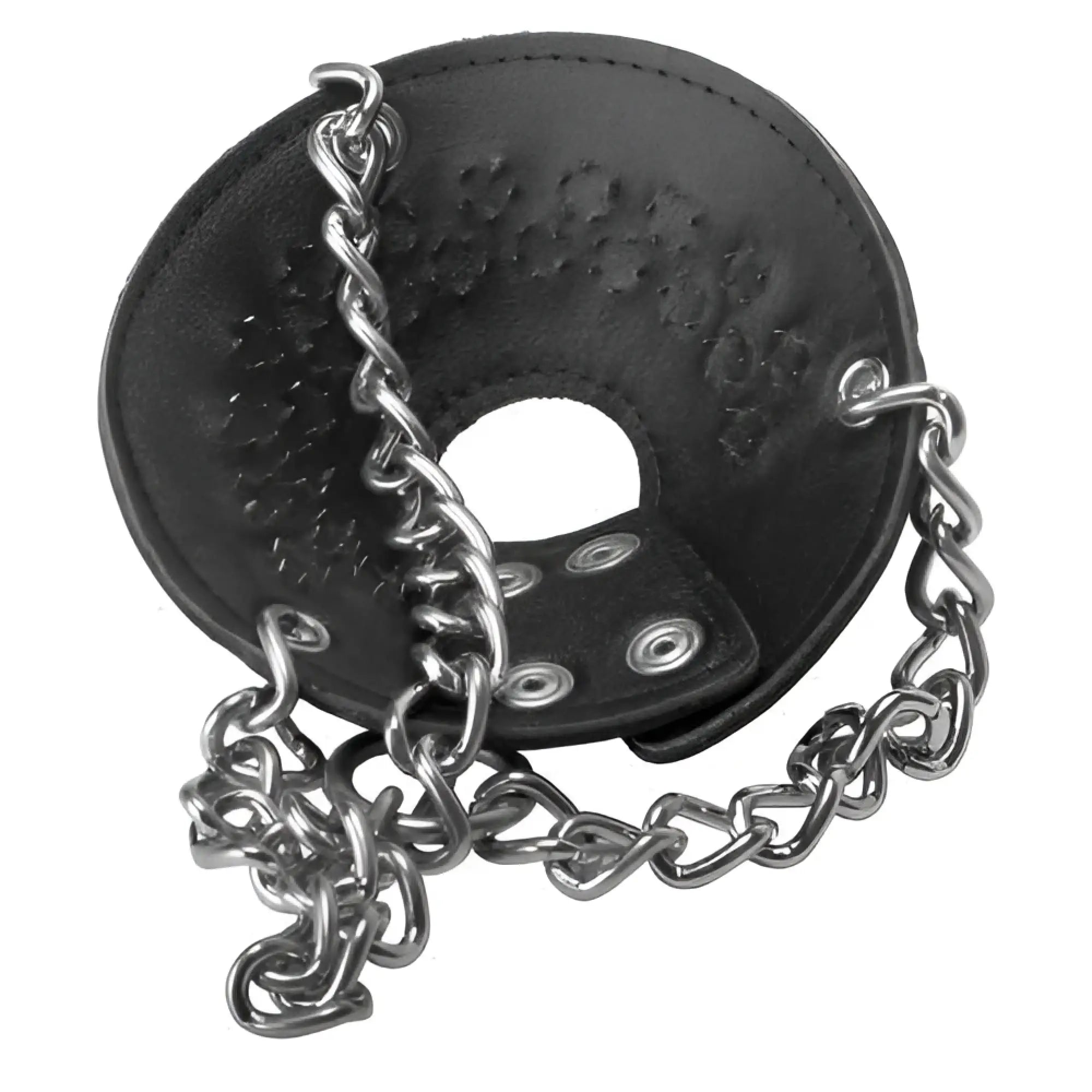 Strict Leather parachute ball stretcher featuring a black leather cuff with inner spikes and a silver metal chain.