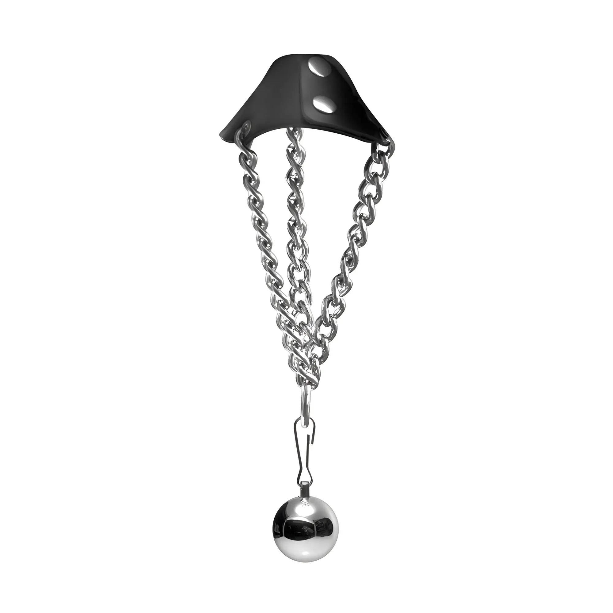 Strict Leather Parachute Stretcher: black leather cuff with chrome chains hanging from a central silver ball weight.