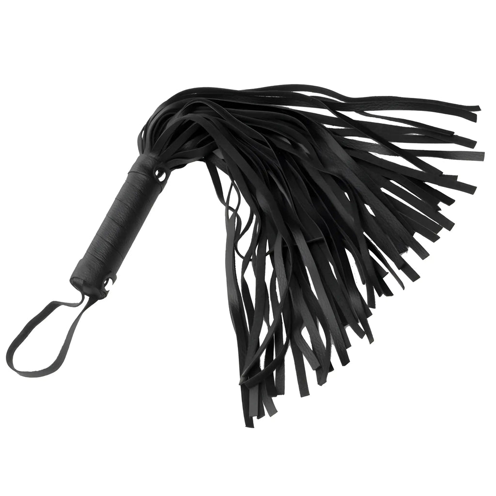 Strict Leather Pleather Pleasure Mini-Flogger: A black, mini-sized synthetic leather flogger with a wrist strap.