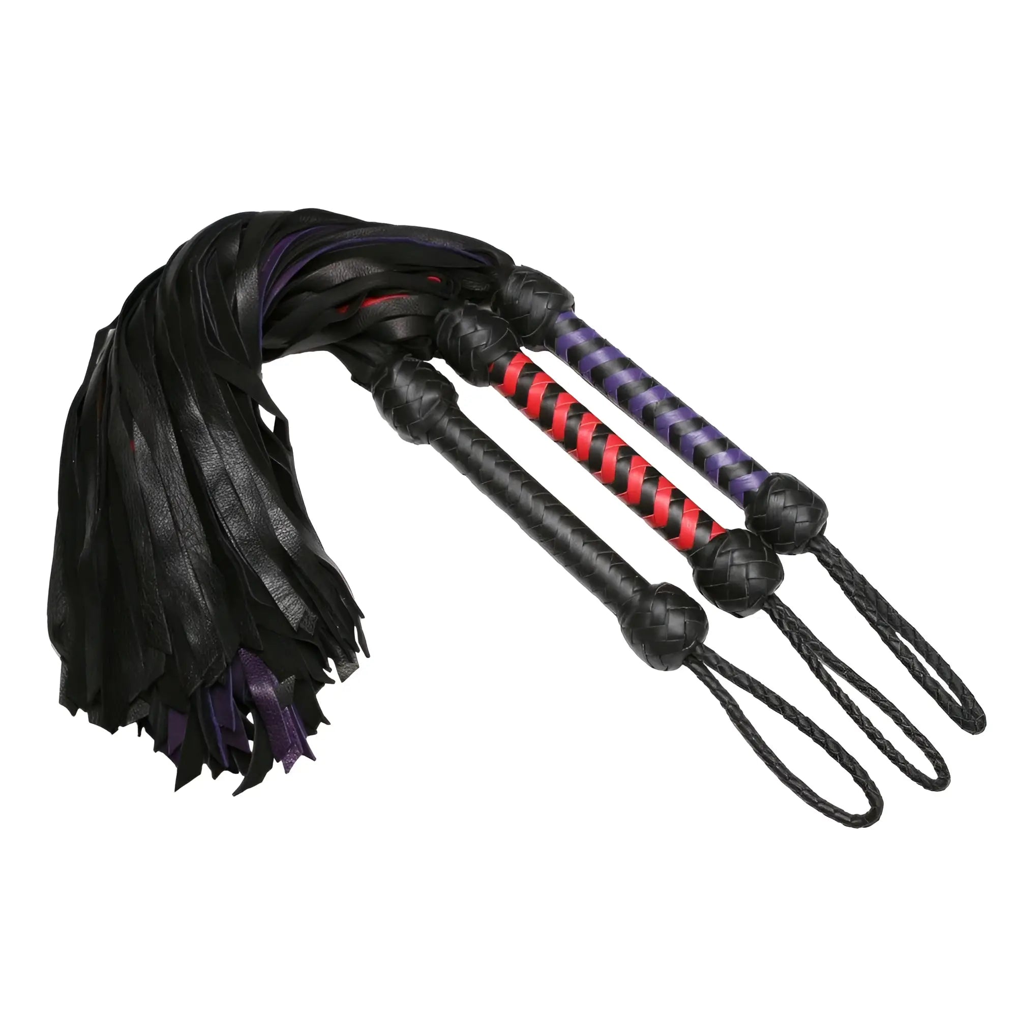 Strict Leather Premium Deerskin Floggers with black tails and braided handles in black, red, and purple.