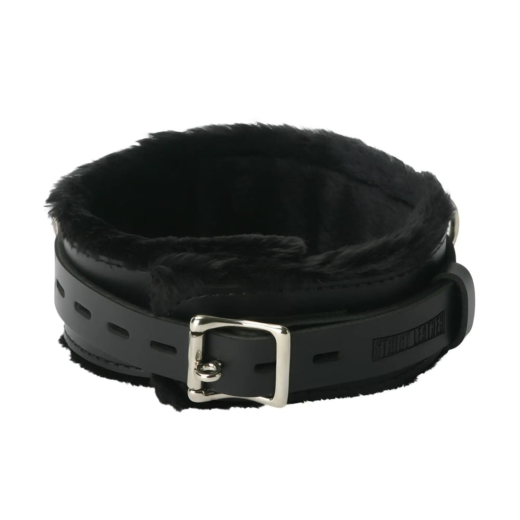 Strict Leather black leather locking collar with soft black faux fur lining and a silver metal buckle.