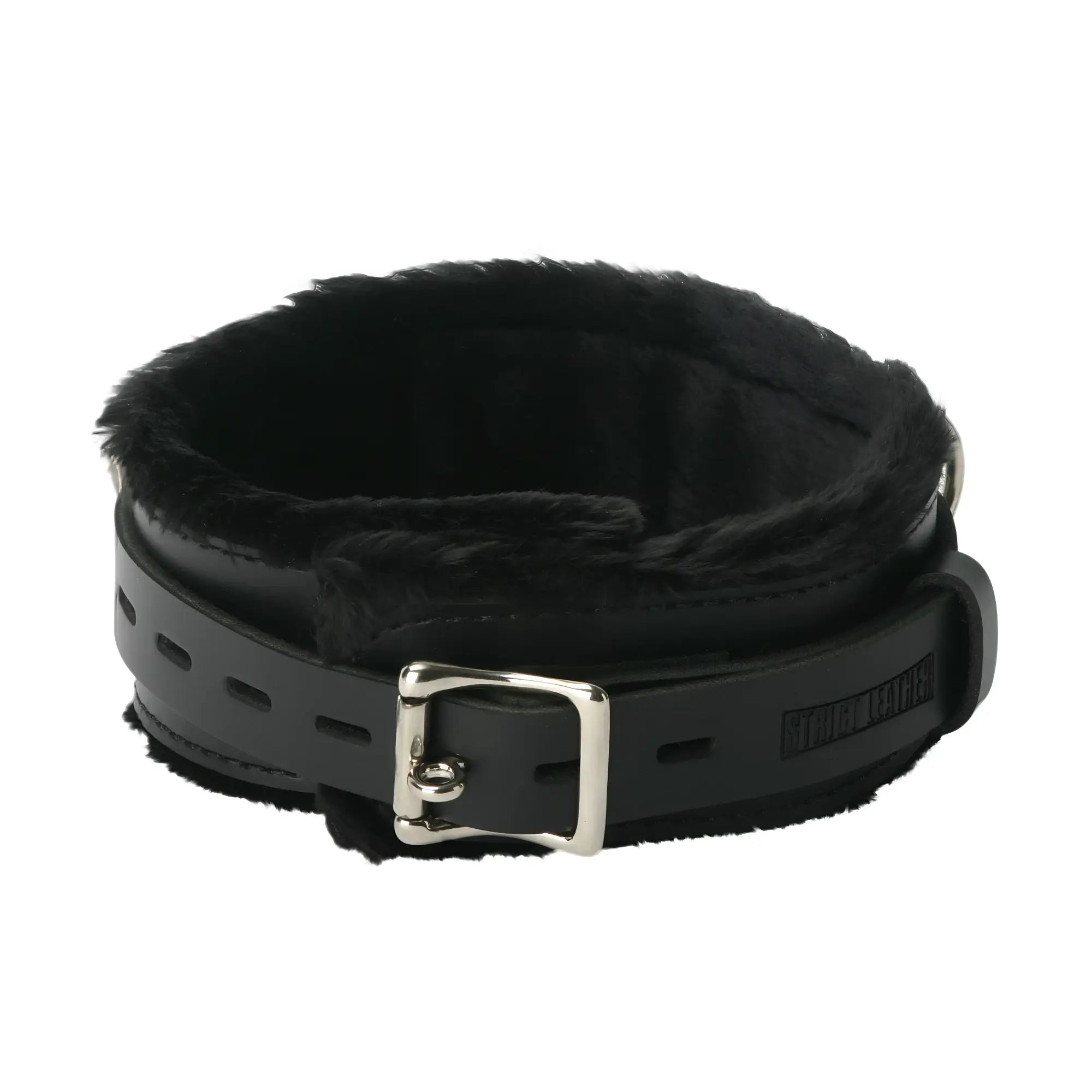 Strict Leather black leather locking collar with soft black faux fur lining and a silver metal buckle.