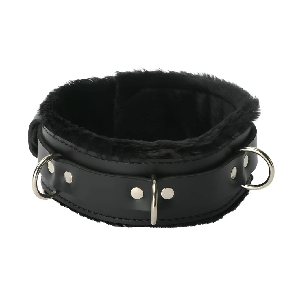 Strict Leather premium black leather locking collar with soft black fur lining and silver metal O-rings and hardware.