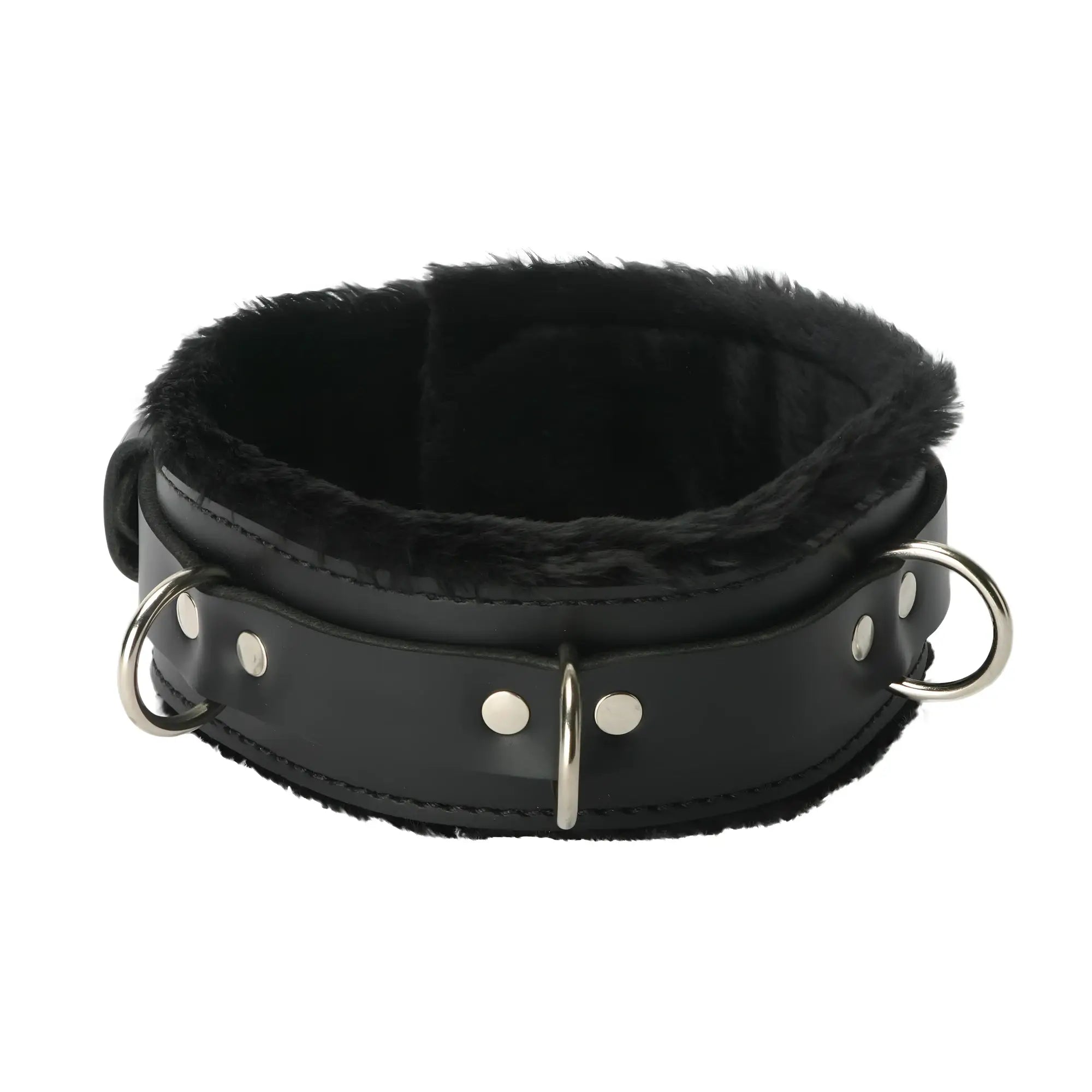 Strict Leather premium black leather locking collar with soft black fur lining and silver metal O-rings and hardware.