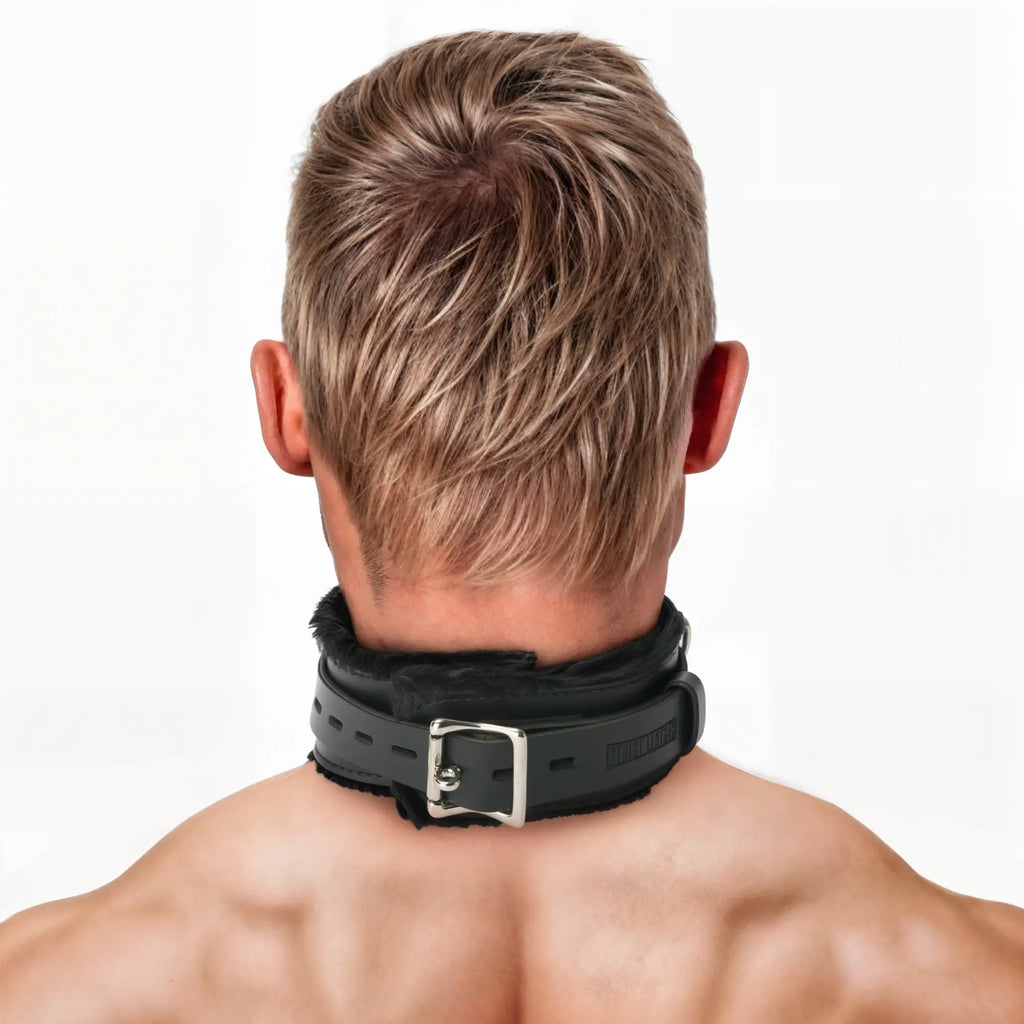 Strict Leather Premium Fur Lined Locking Collar in black leather with silver buckle on a person's neck.
