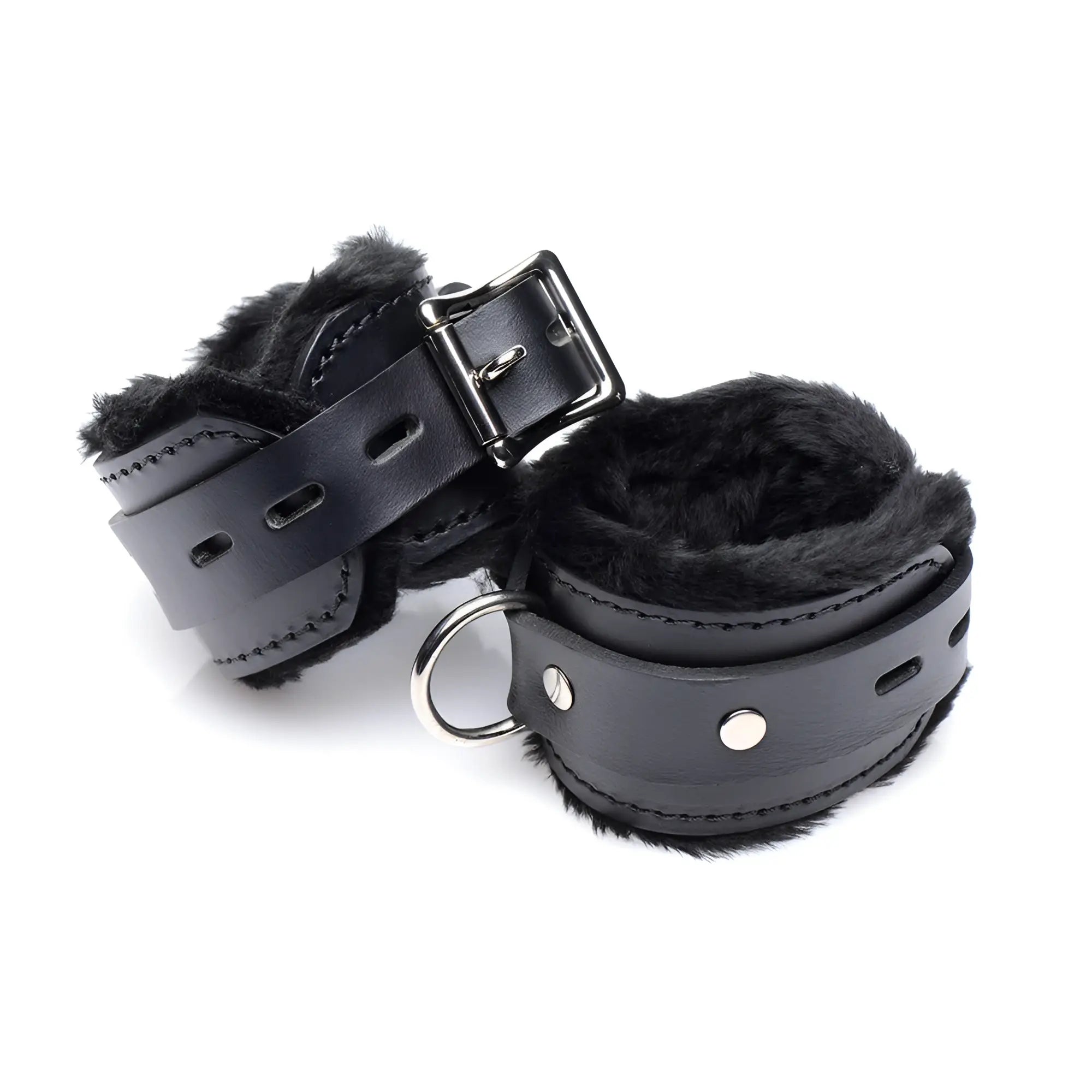 Strict Leather locking cuffs made of black leather with soft black faux fur lining, silver buckle, and metal D-ring.