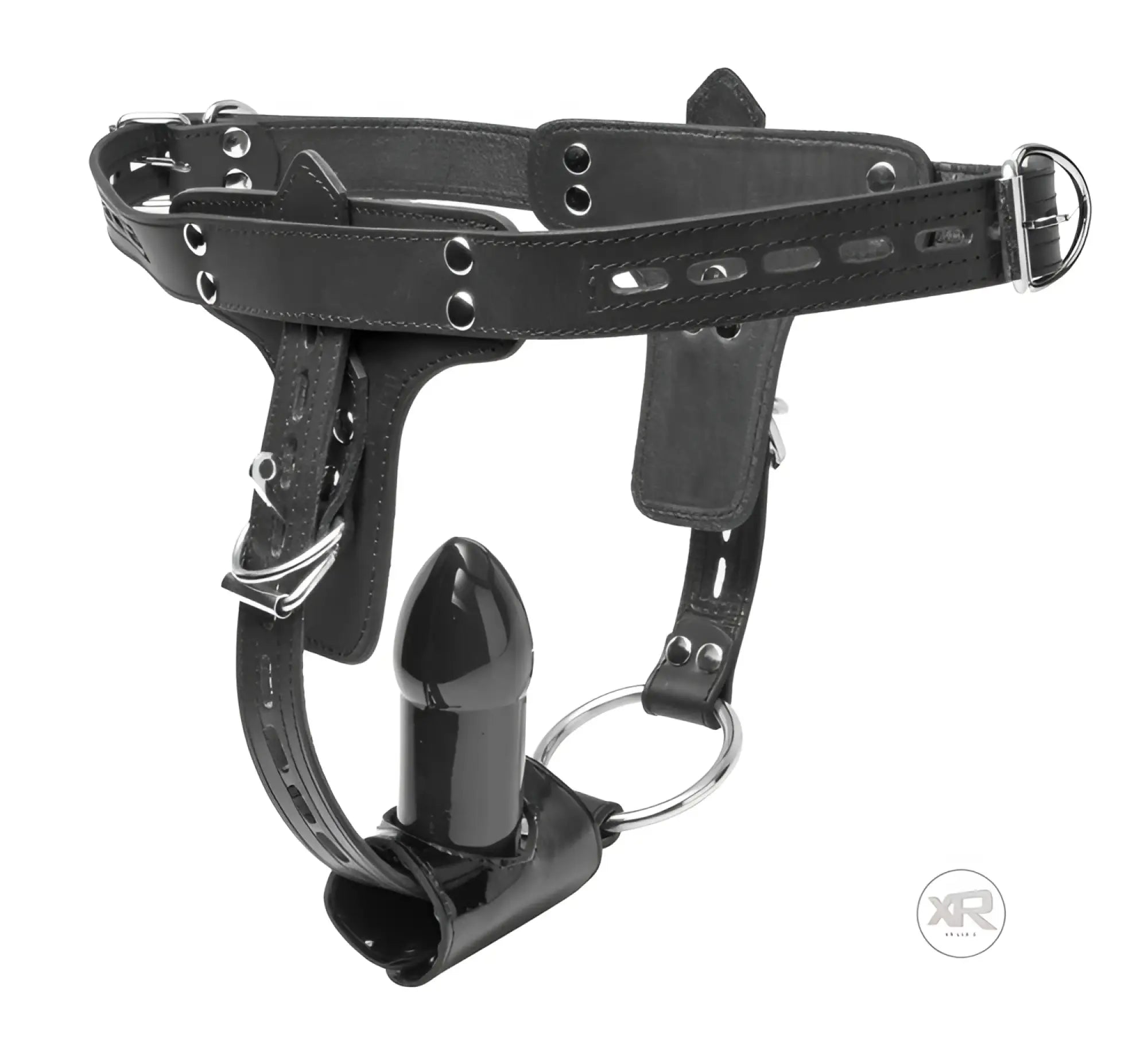 Strict Leather locking black leather harness with silver hardware, featuring a cock ring and a black anal plug.