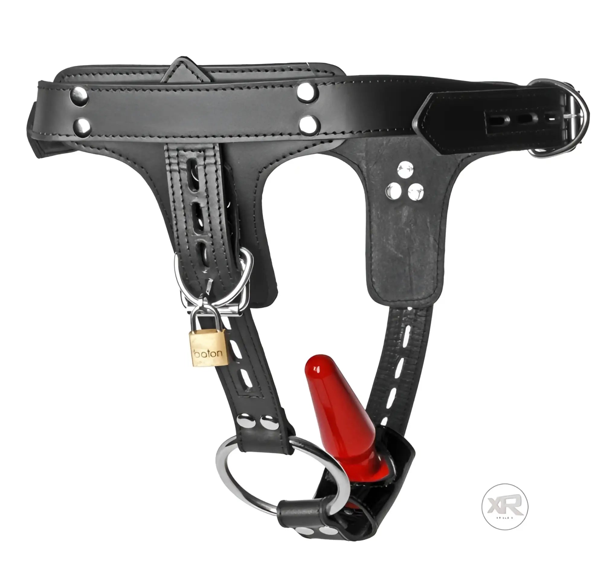 Strict Leather black leather locking harness with a waist belt, metal rings, padlock, and a red anal plug.
