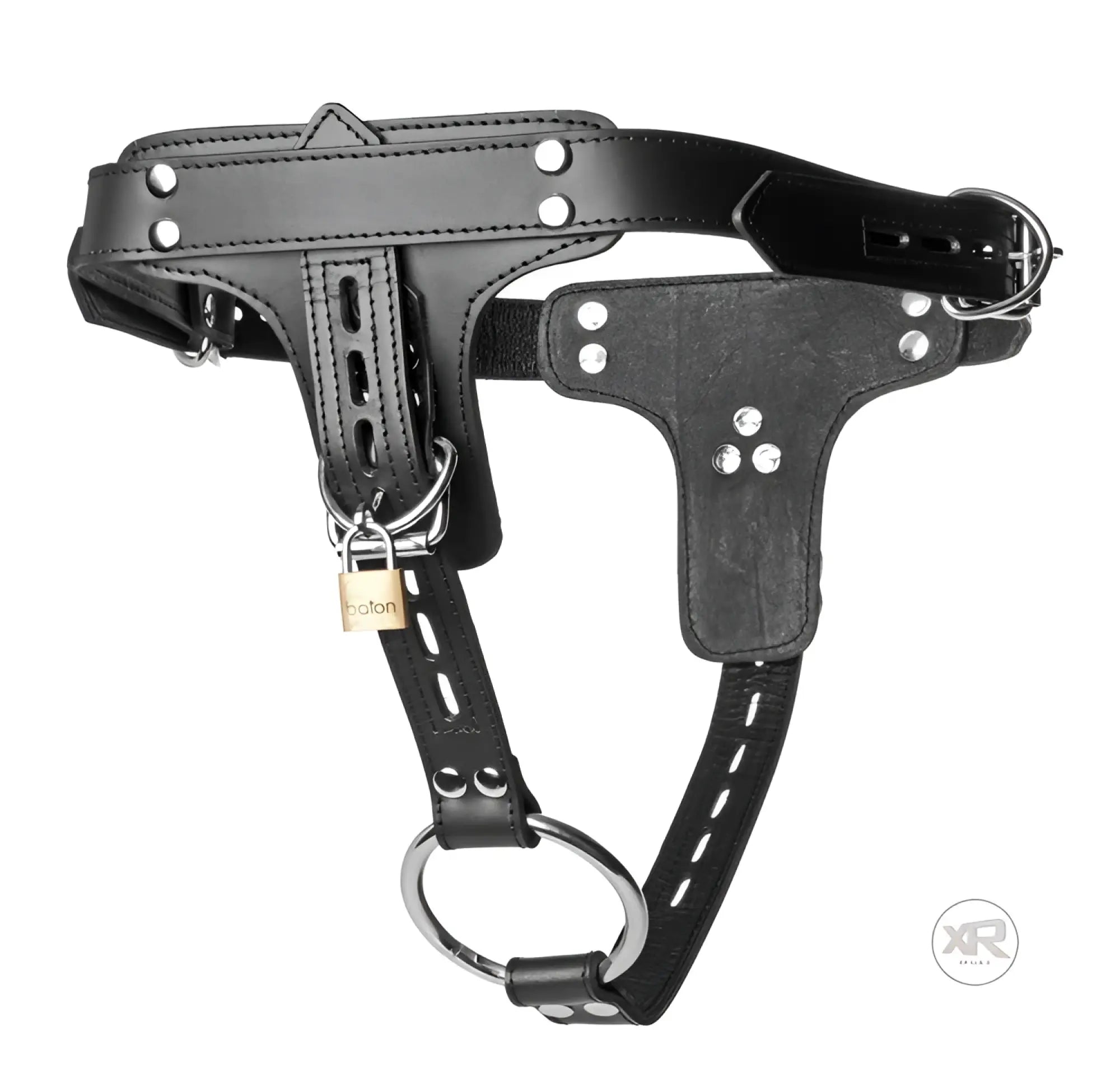 Strict Leather black leather locking cock ring and anal plug harness with silver metal hardware and a small padlock.