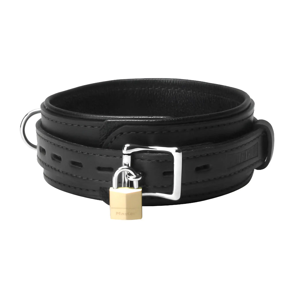 Strict Leather black leather locking collar with a silver buckle and a small brass padlock, isolated on white.