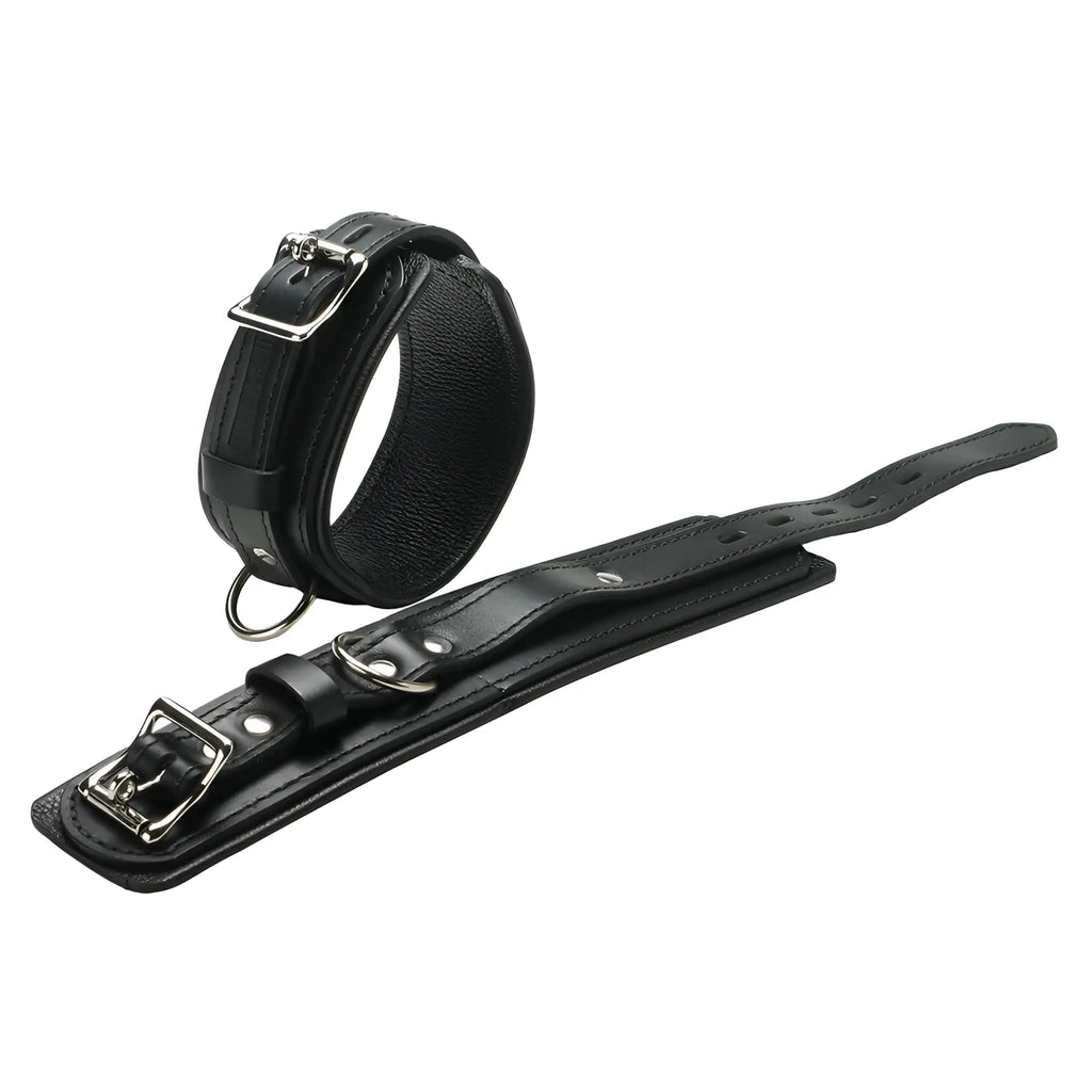 Strict Leather Premium Locking Cuffs: A pair of black textured leather cuffs with silver buckles and D-rings.