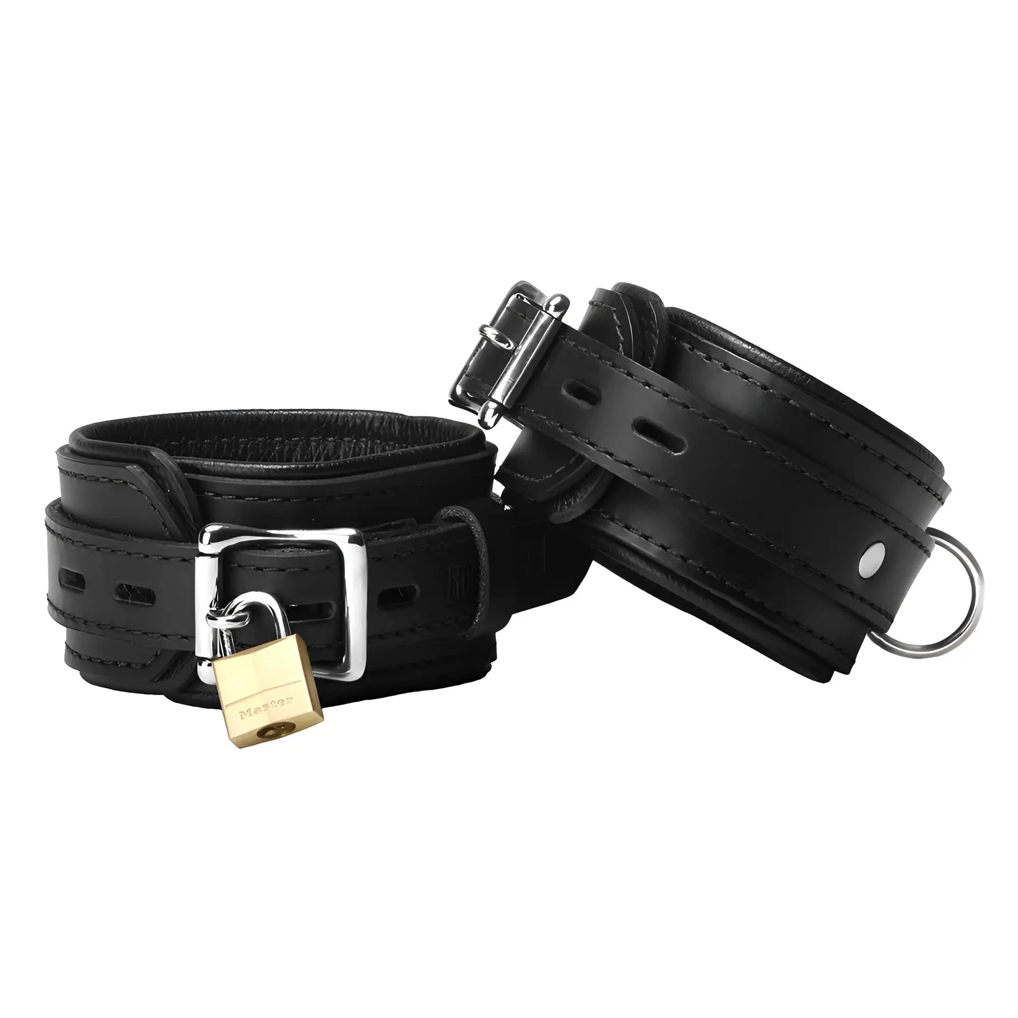 Strict Leather Premium Locking Cuffs: Two black leather cuffs with steel buckles, one secured by a brass padlock.