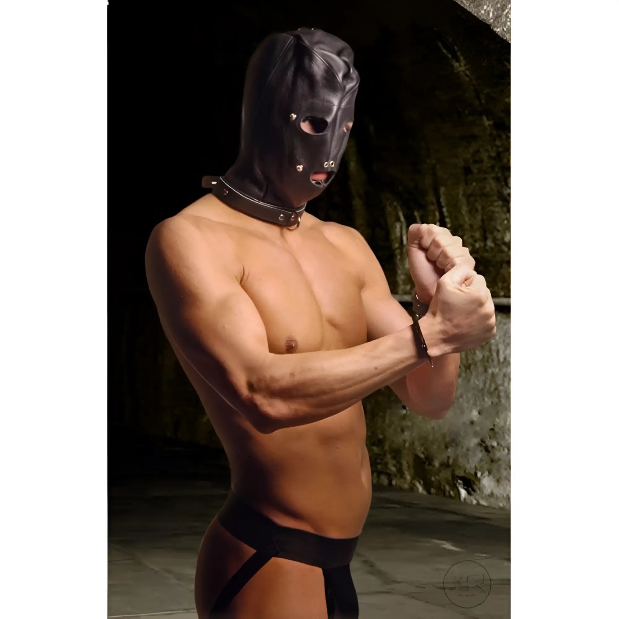 Black leather locking slave hood with metal eye and mouth openings for strict premium restraint play