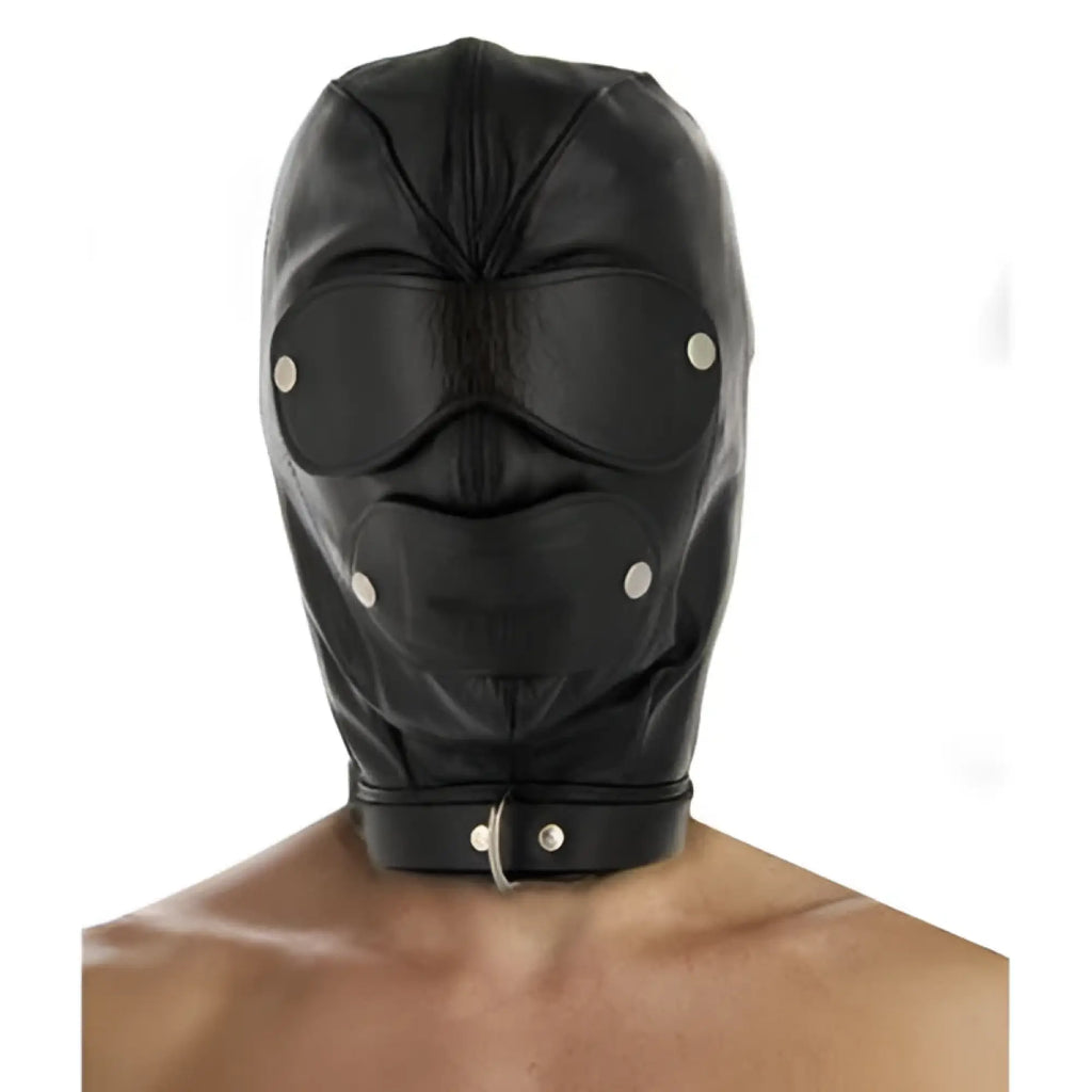 Strict leather premium locking slave hood in black leather with silver metal studs and adjustable neck strap
