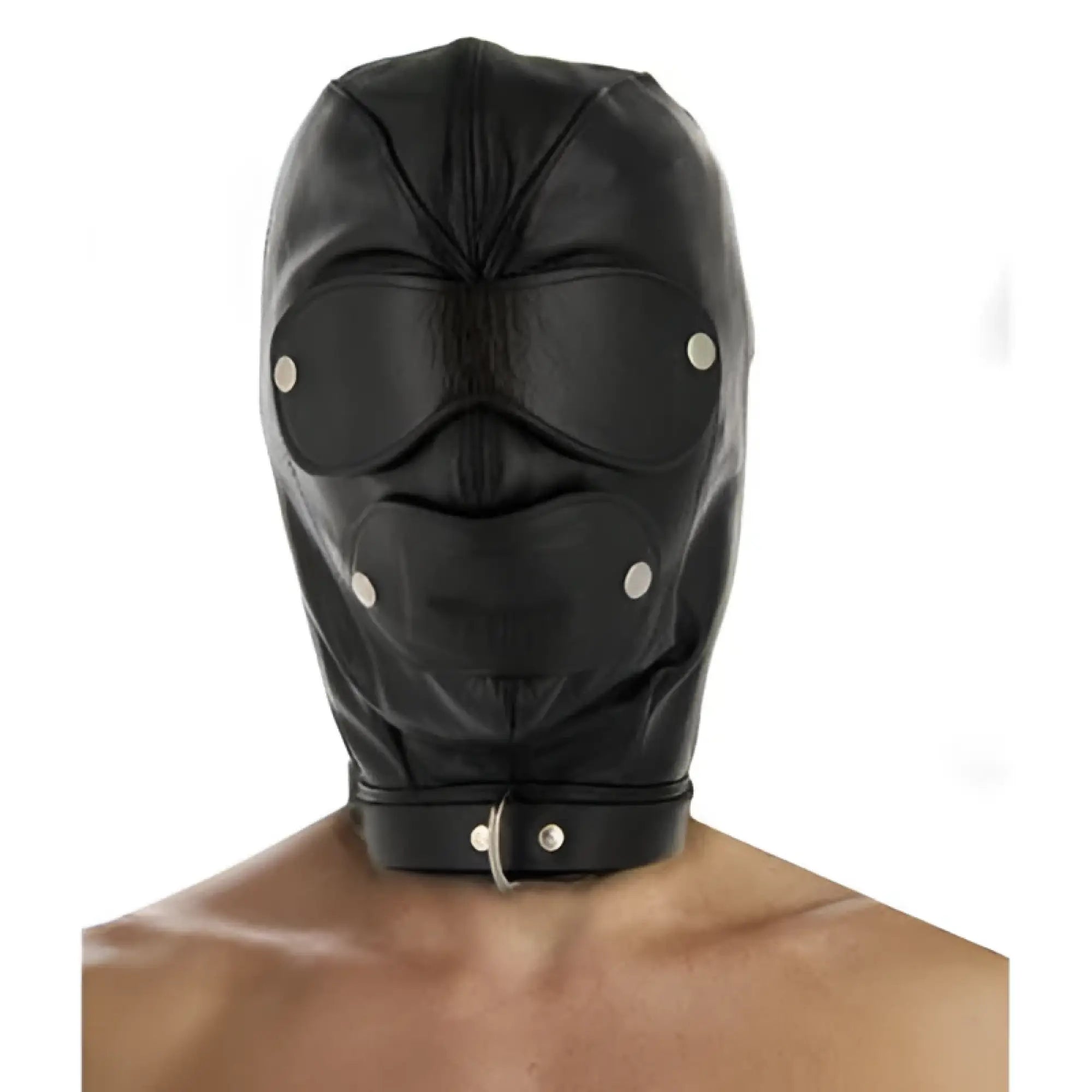 Strict leather premium locking slave hood in black leather with silver metal studs and adjustable neck strap