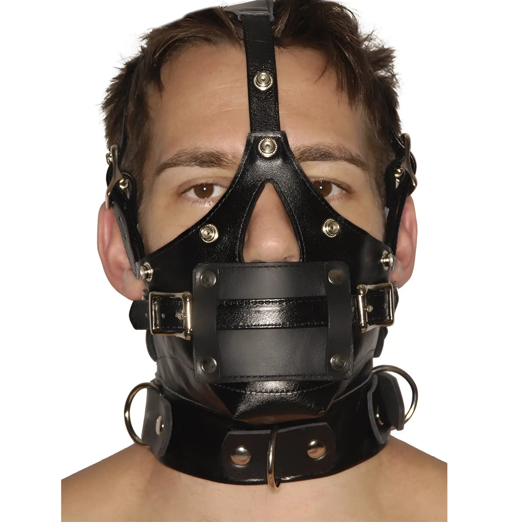 Strict Leather Premium Muzzle: A black leather head harness featuring an integrated gag, nose cutout, and neck collar.