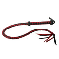 Strict Leather Premium red and black braided leather whip with a looped handle and fringed tip on white background.