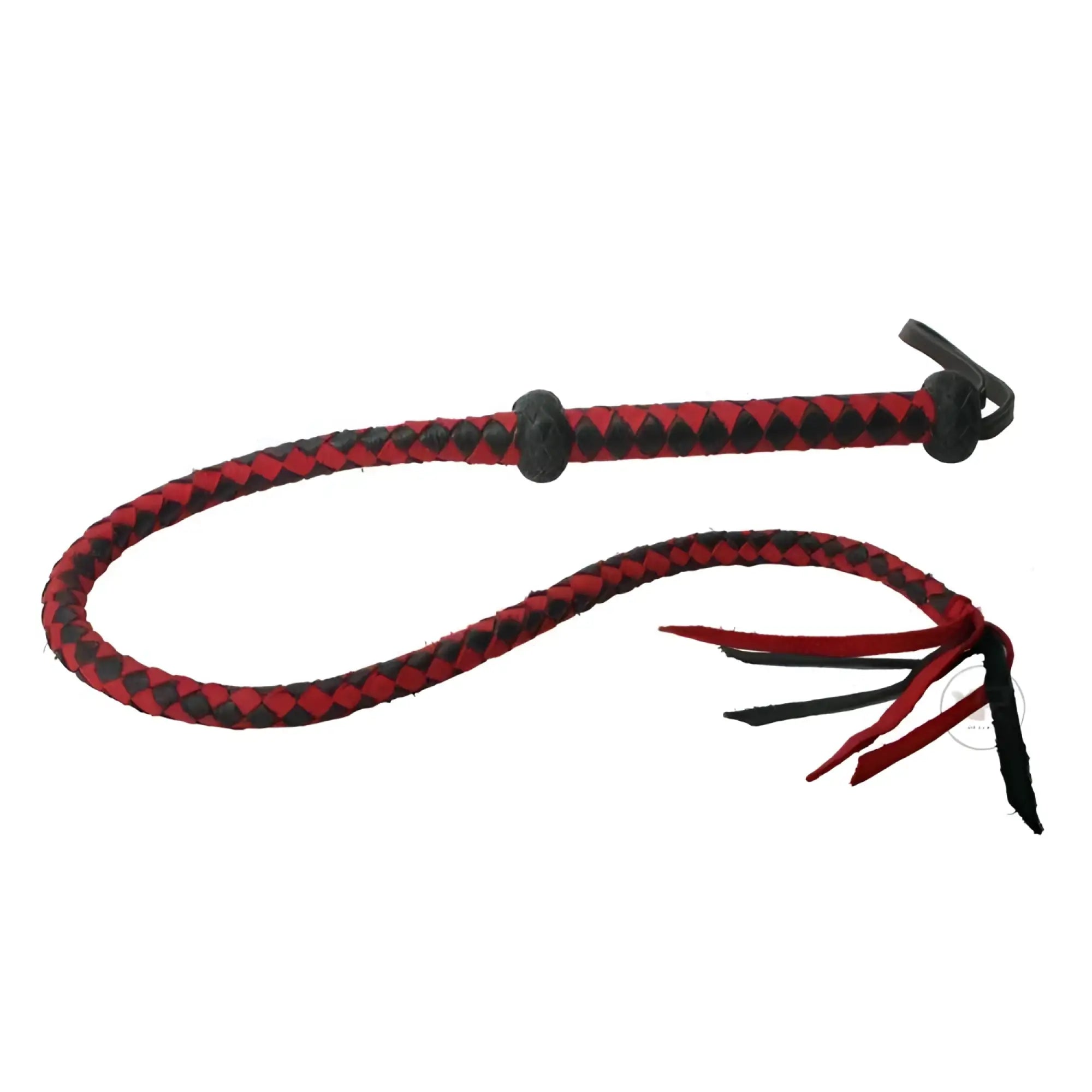 Strict Leather Premium red and black braided leather whip with a looped handle and fringed tip on white background.